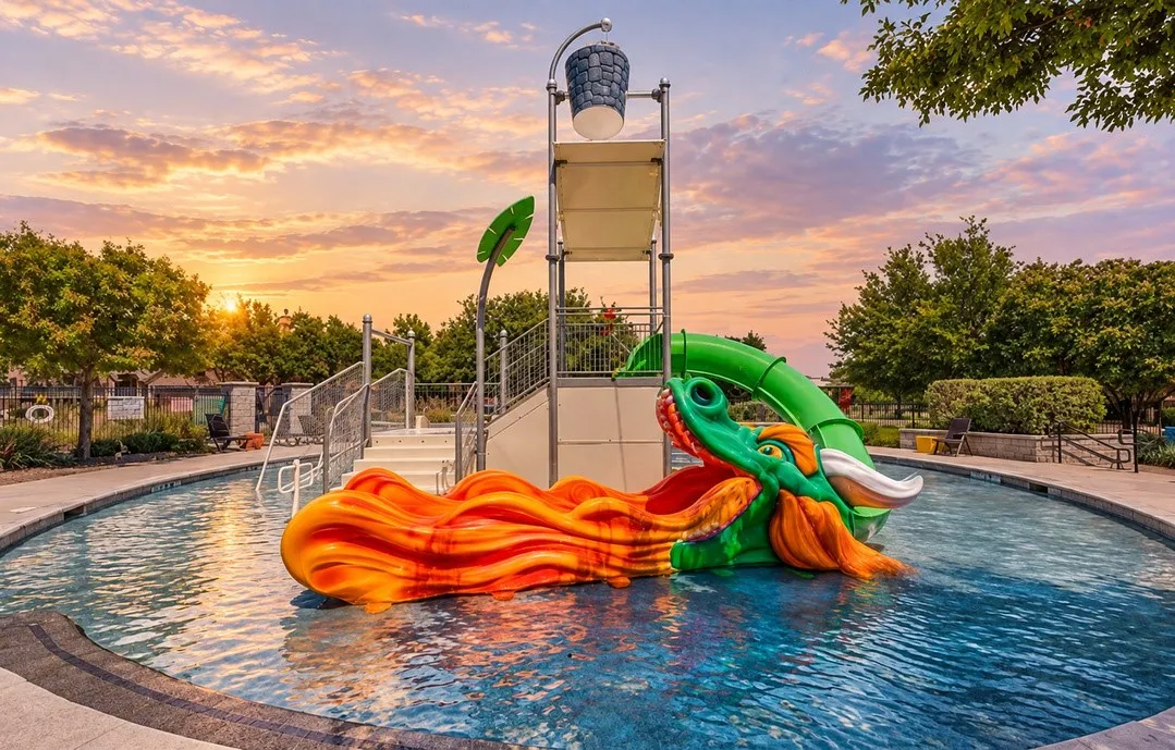Pool area featuring a large water slide with themed accents, a water bucket feature, and integrated pool stairs