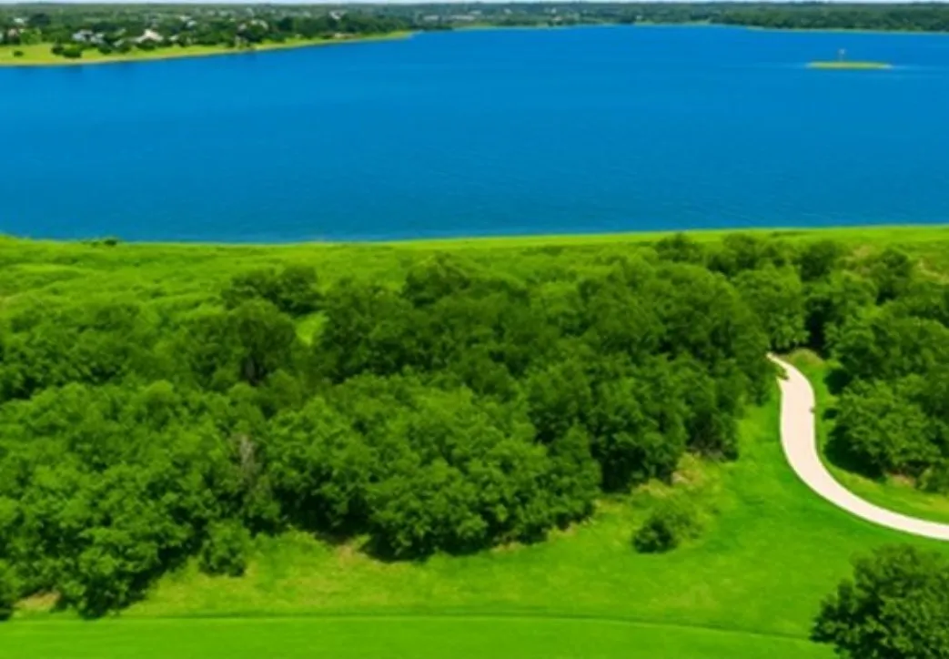 Expansive waterfront property featuring a blue lake, a winding paved path, and abundant mature trees