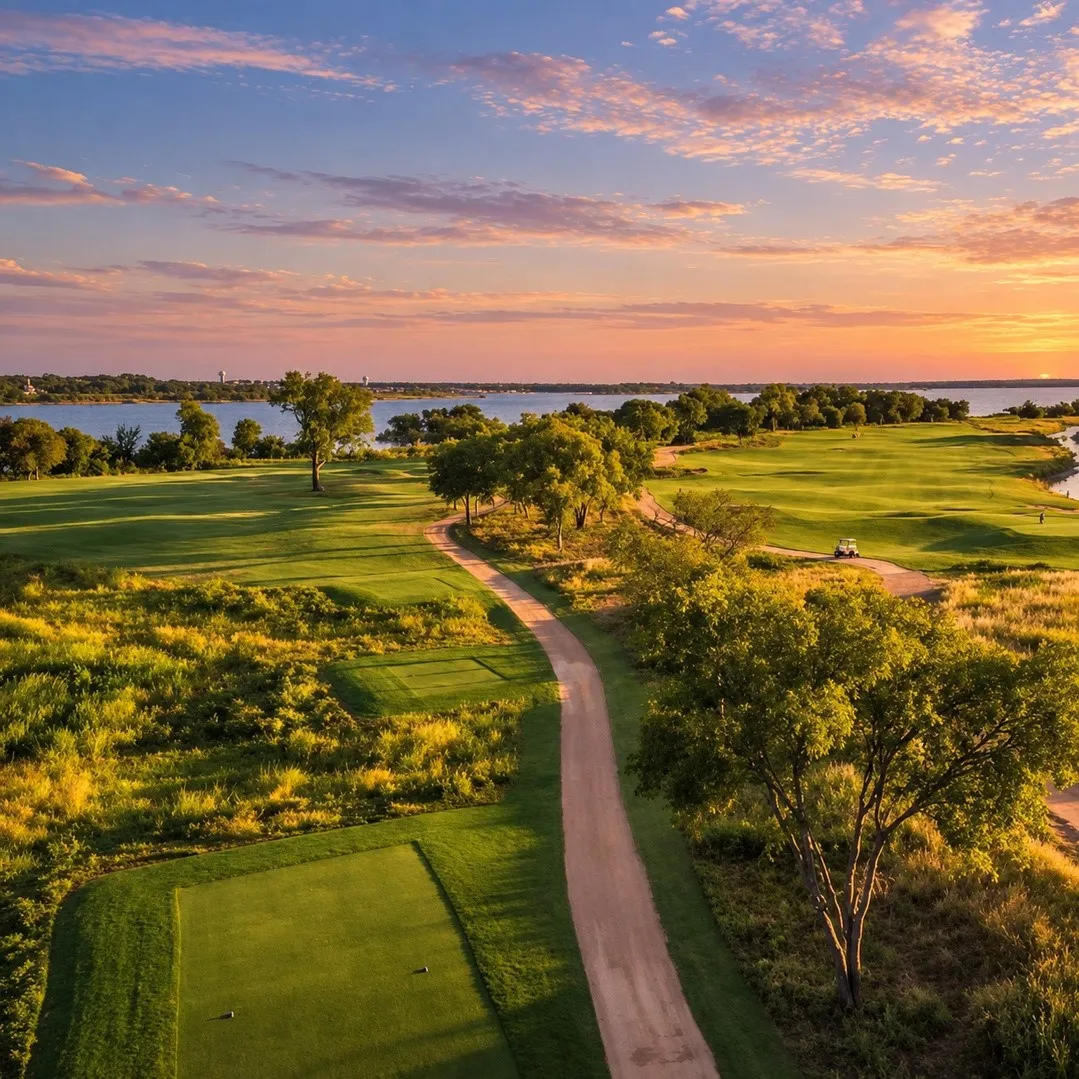 Expansive golf course setting featuring manicured greens, a golf cart path, mature trees, and a substantial body of water in the background
