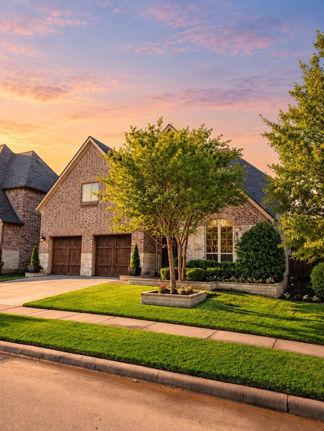 Brick exterior with stone accents, gable roofline, arched window, wood garage doors, and manicured landscaping