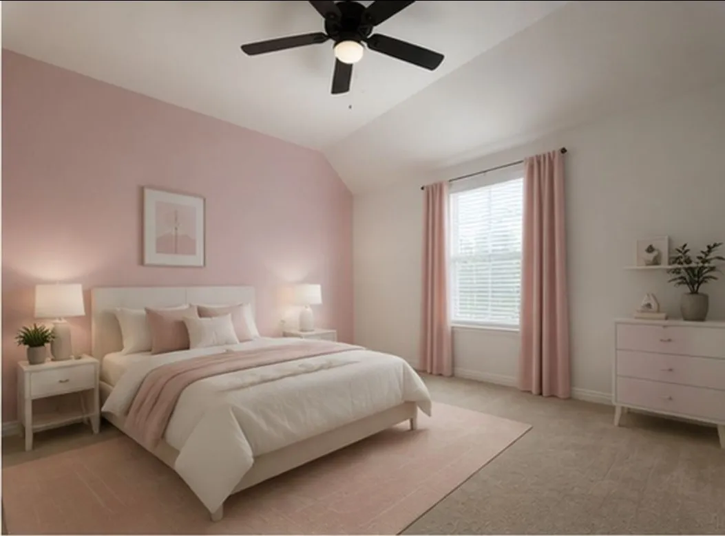 Vaulted ceiling, ceiling fan with integrated lighting, window with blinds, light-toned carpeting, and a white dresser with brass hardware