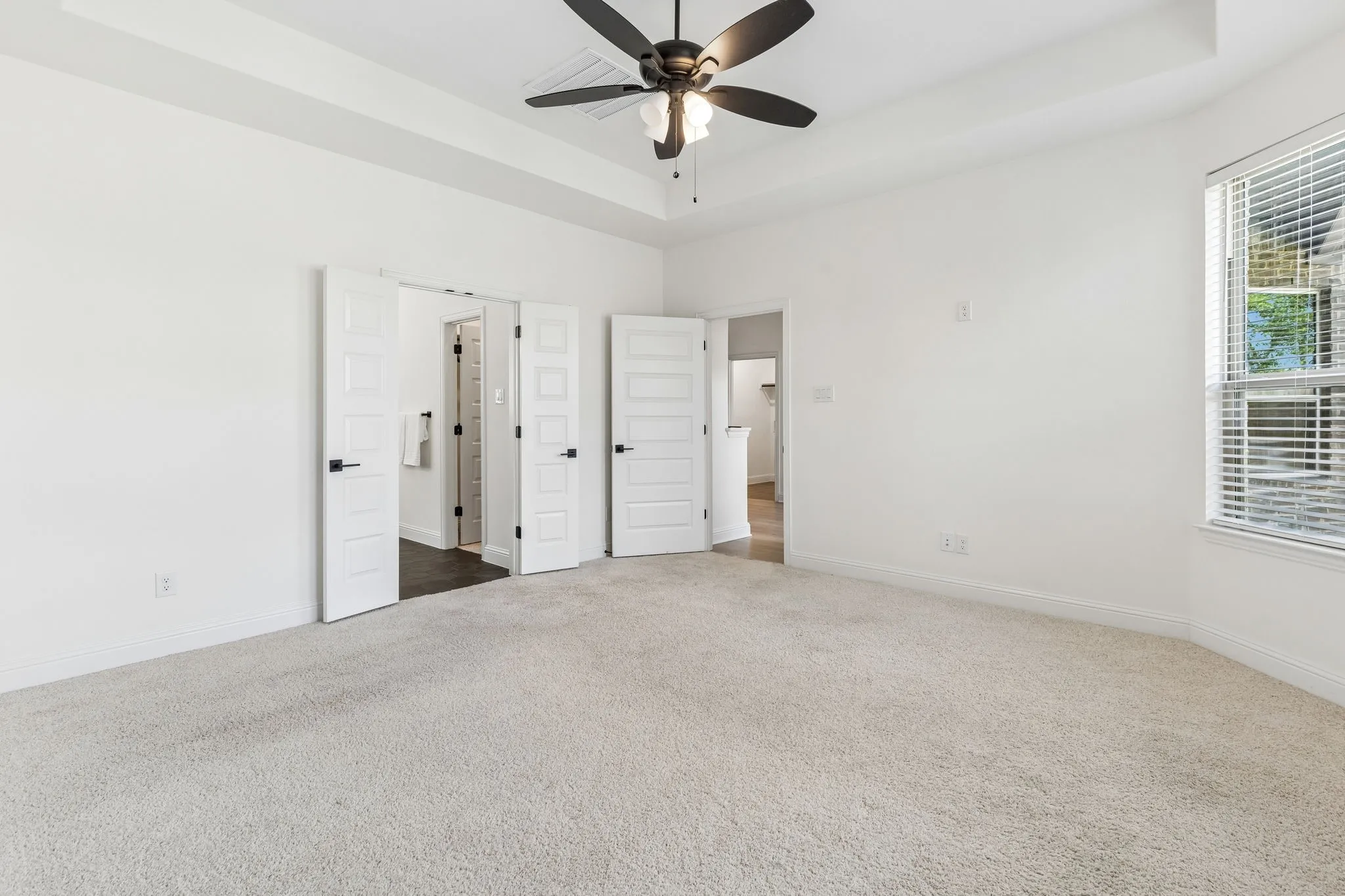 Tray ceiling with a ceiling fan, plush carpet flooring, multiple panel doors, and a window with blinds