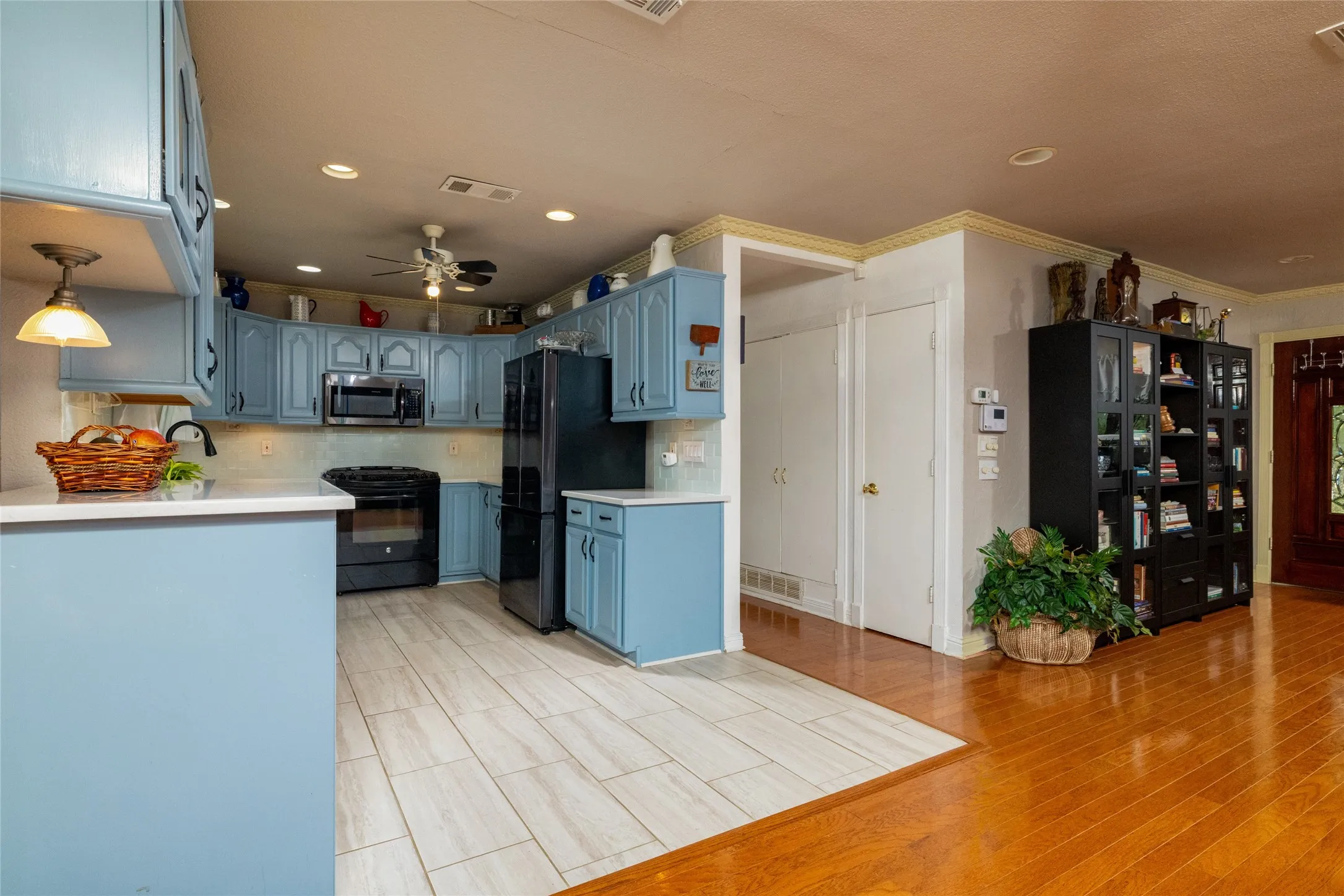 Pops of blue and tons of counter space.