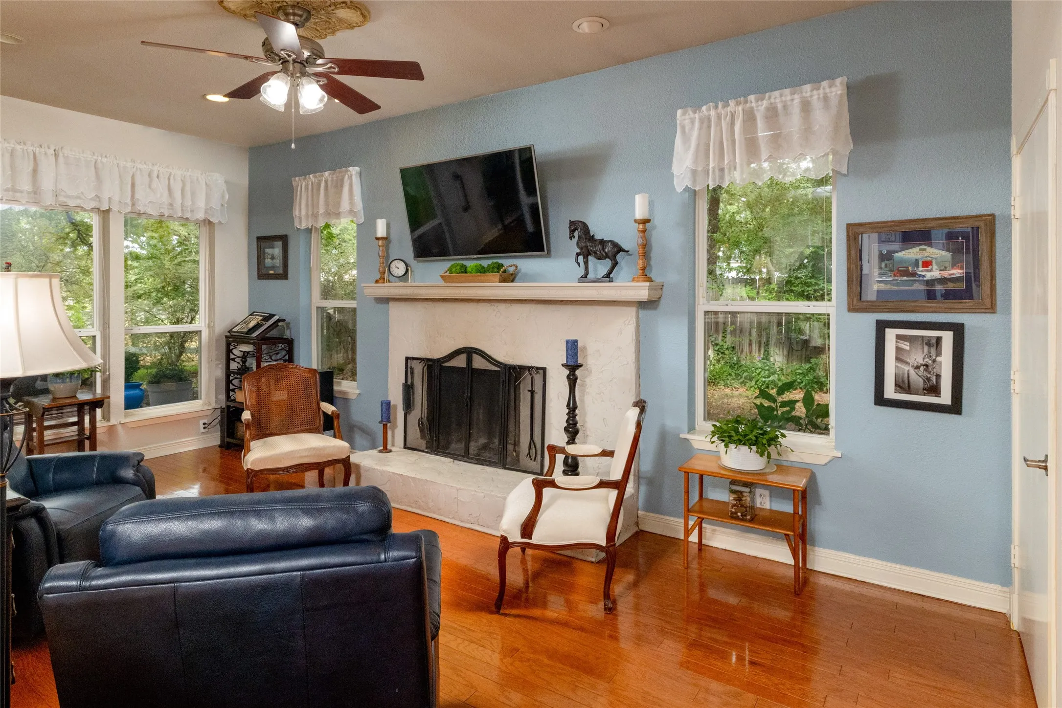 Cozy up by the fireplace.