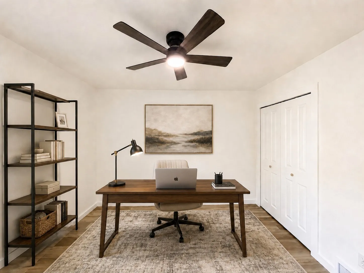 Recessed lighting, wood-finish flooring, and white walls