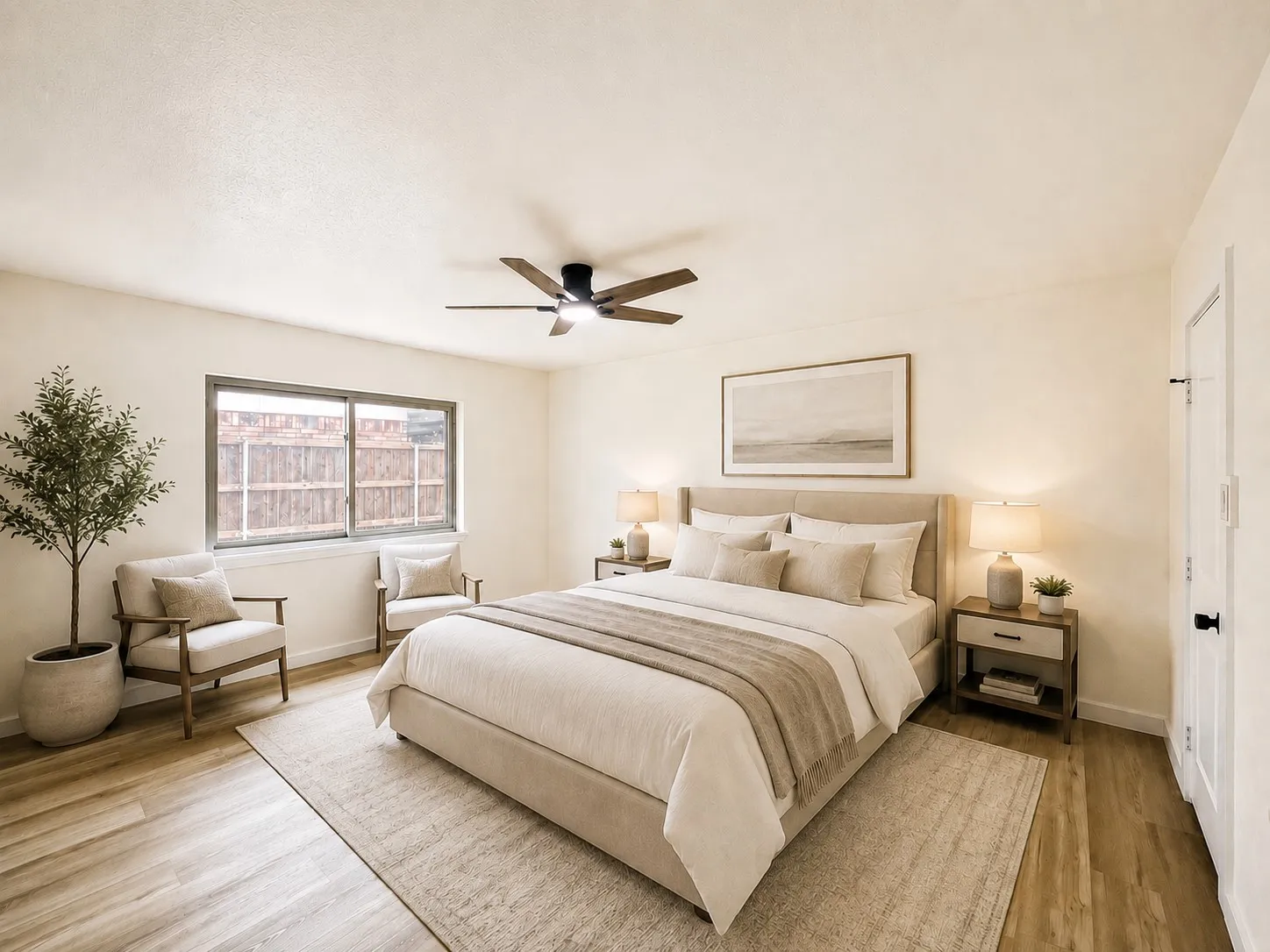 Ceiling fan with wood-finish blades, sliding window with dark trim, wood-finish flooring, and white interior door with black hardware