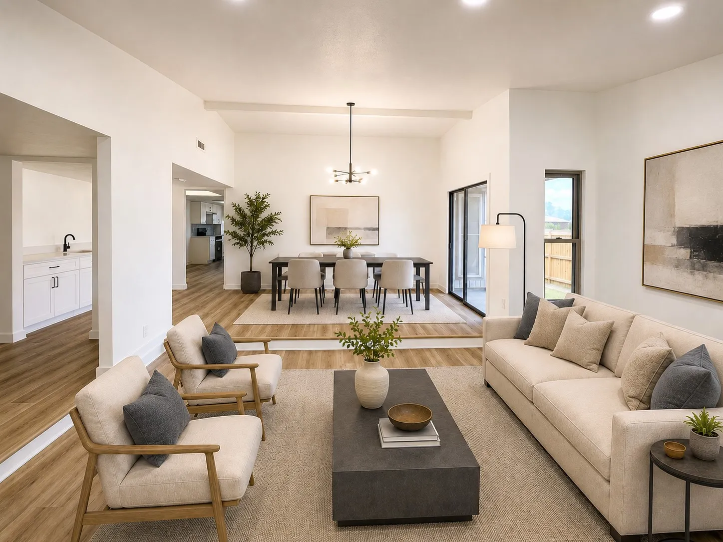 Vaulted ceiling with exposed beam, recessed lighting, and wood-finish flooring