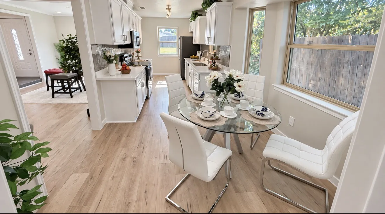 Cozy breakfast nook featuring laminate-finish flooring throughout, crisp white cabinetry accented with dark hardware, a stylish tile backsplash, and a charming built-in kitchen window.