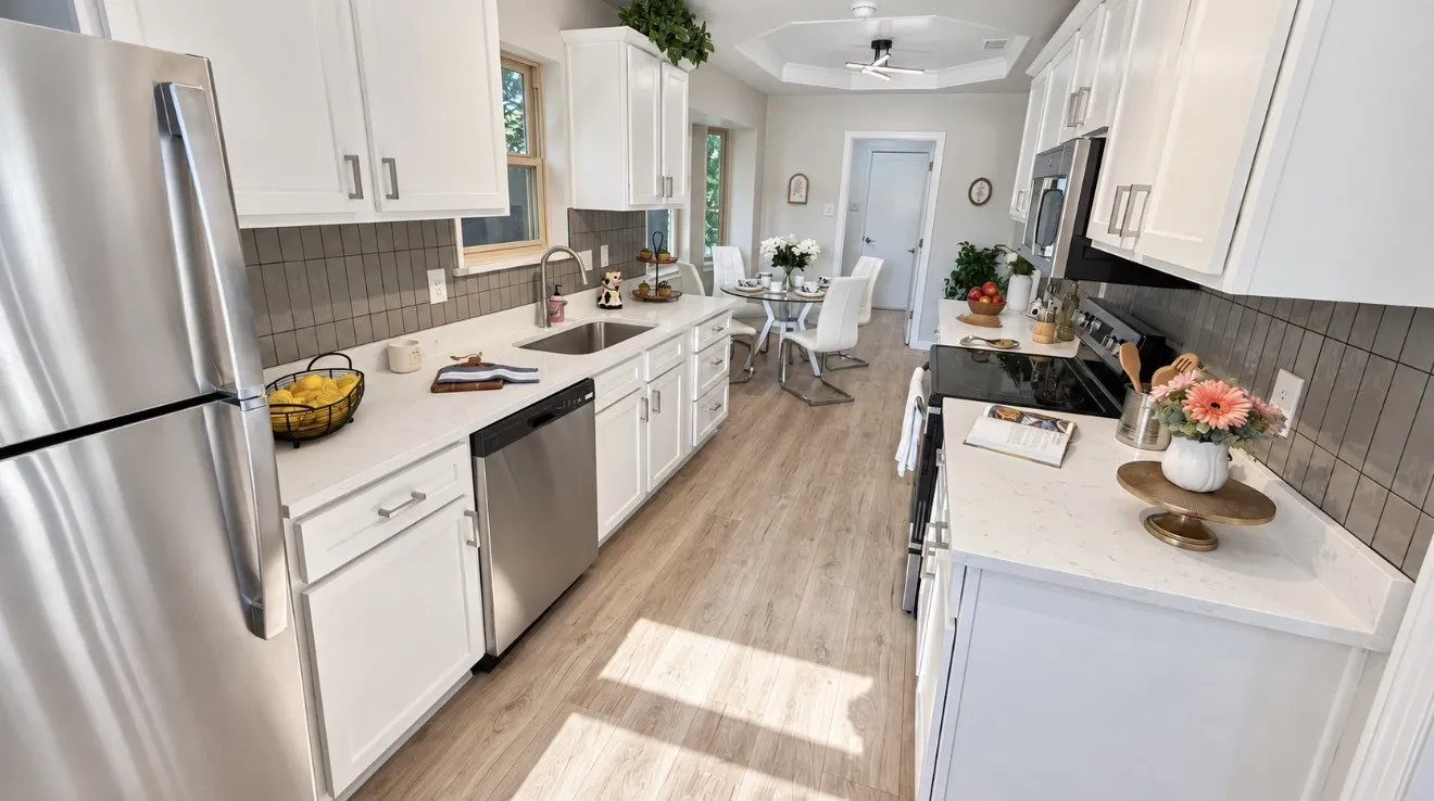 White cabinetry with brushed nickel hardware, stainless steel appliances, light-toned laminate-finish flooring, and a tile backsplash.