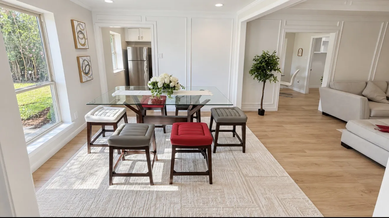 Wood-finish flooring throughout, bright walls with decorative wall molding, and recessed lighting