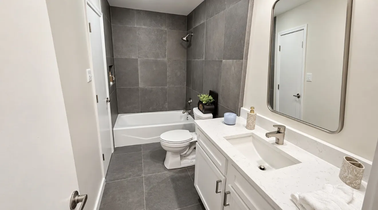 Bathroom featuring a white vanity with an integrated sink, brushed nickel faucet, and a large framed mirror