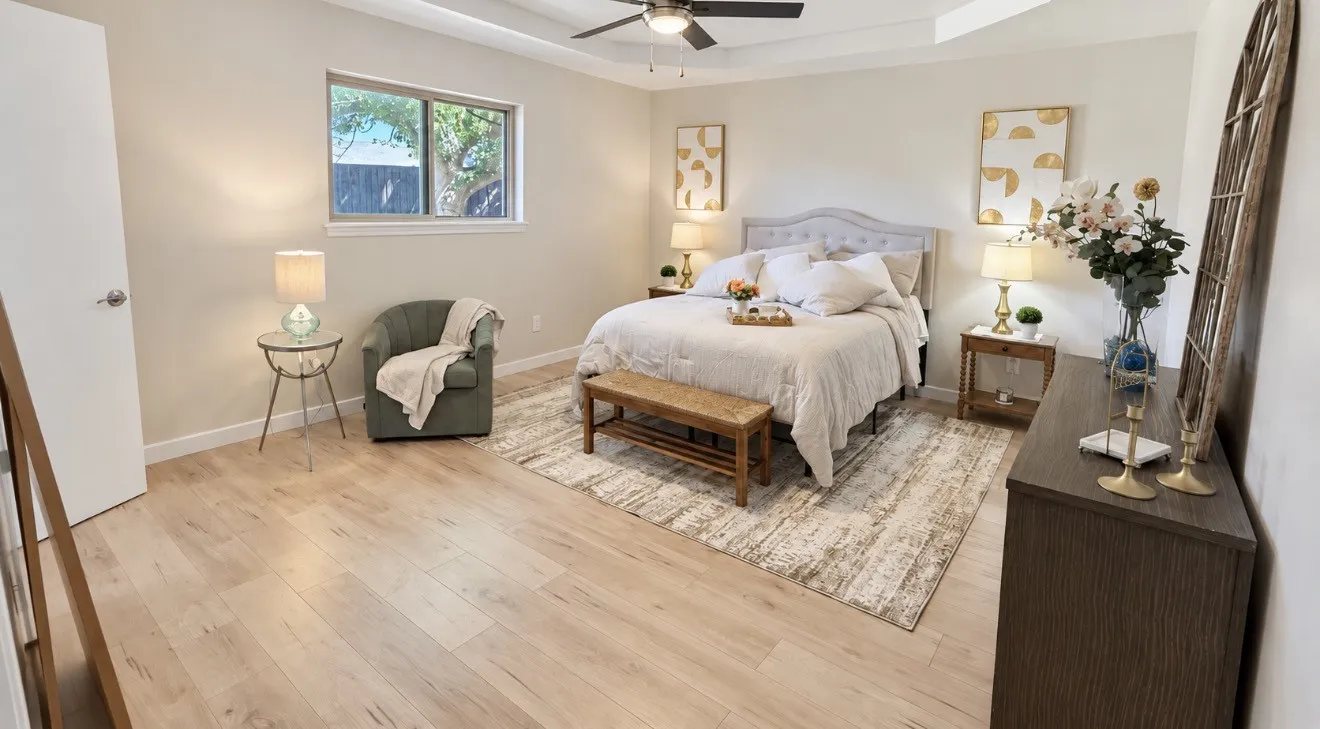 spacious bedroom, with a sitting area and their own bathroom. Tray ceiling with a ceiling fan, light laminate-finish flooring, recessed window, and white interior door