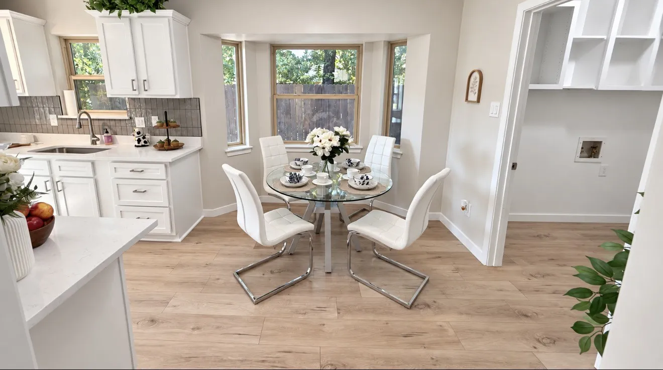 Nook and laundry room. Bright kitchen with white cabinetry, light-toned laminate-finish flooring, and a bay window.