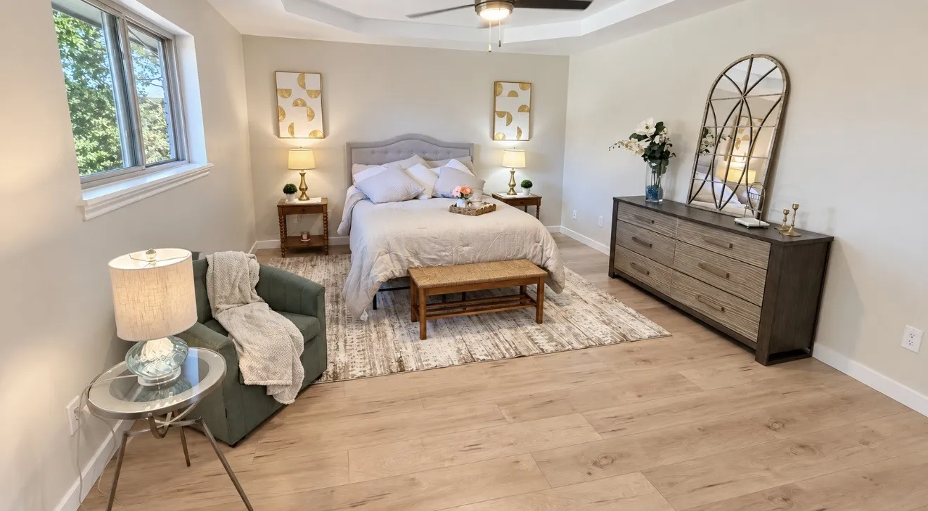 Beautiful and spacious primary bedroom that has a walking closer and primary bathroom. Recessed tray ceiling with a ceiling fan, light wood-finish flooring, and a window.