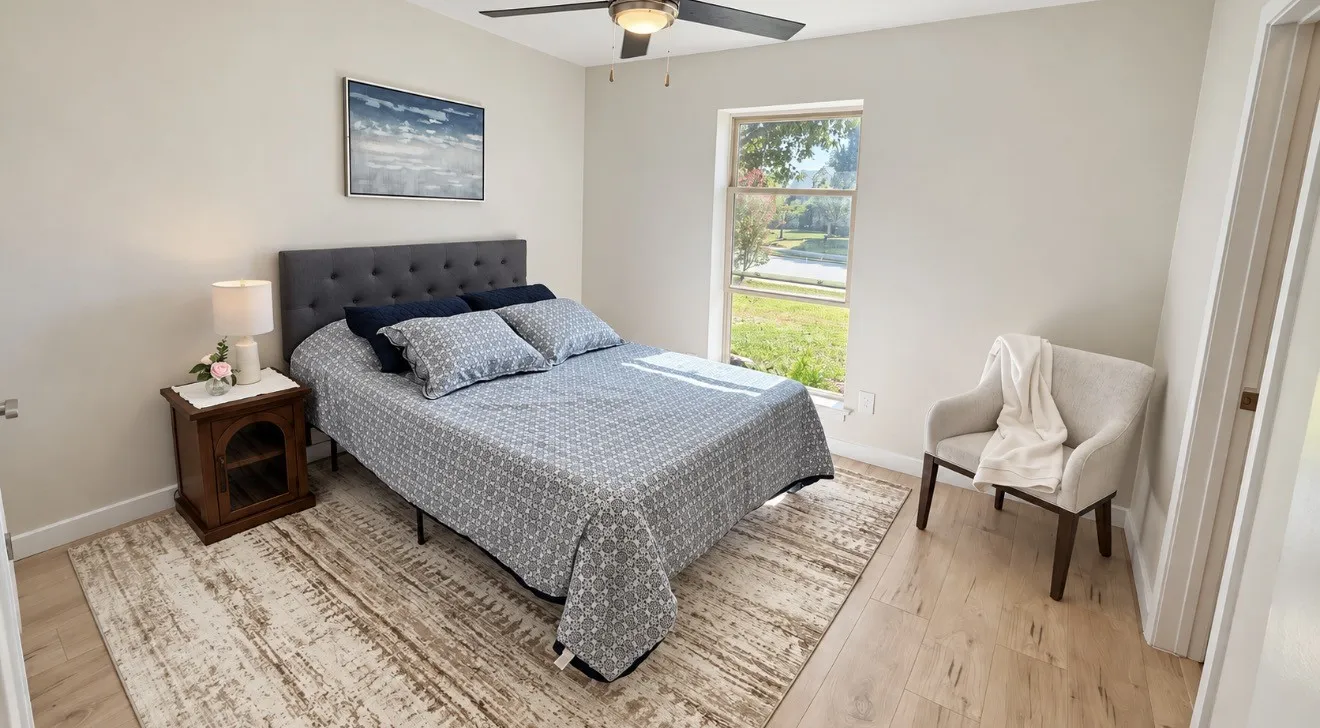 Light-toned laminate flooring, ceiling fan with light fixture, large window, and private access to the bathroom.