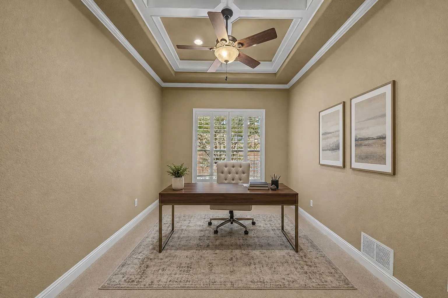 Coffered ceiling with crown molding, , virtually staged
