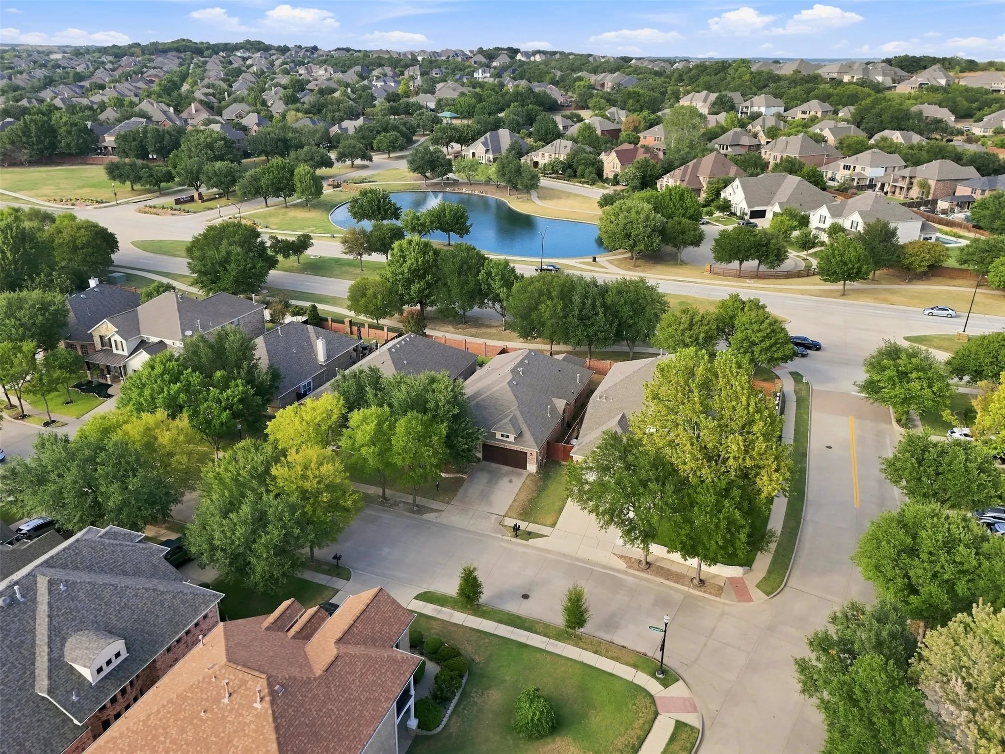 Residential neighborhood featuring mature trees and a central pond