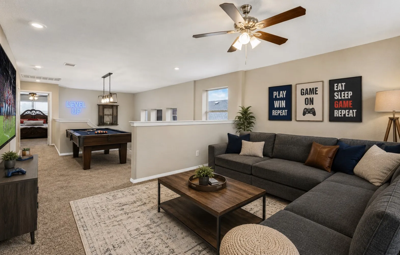 Virtually staged to show it as the upstairs game room