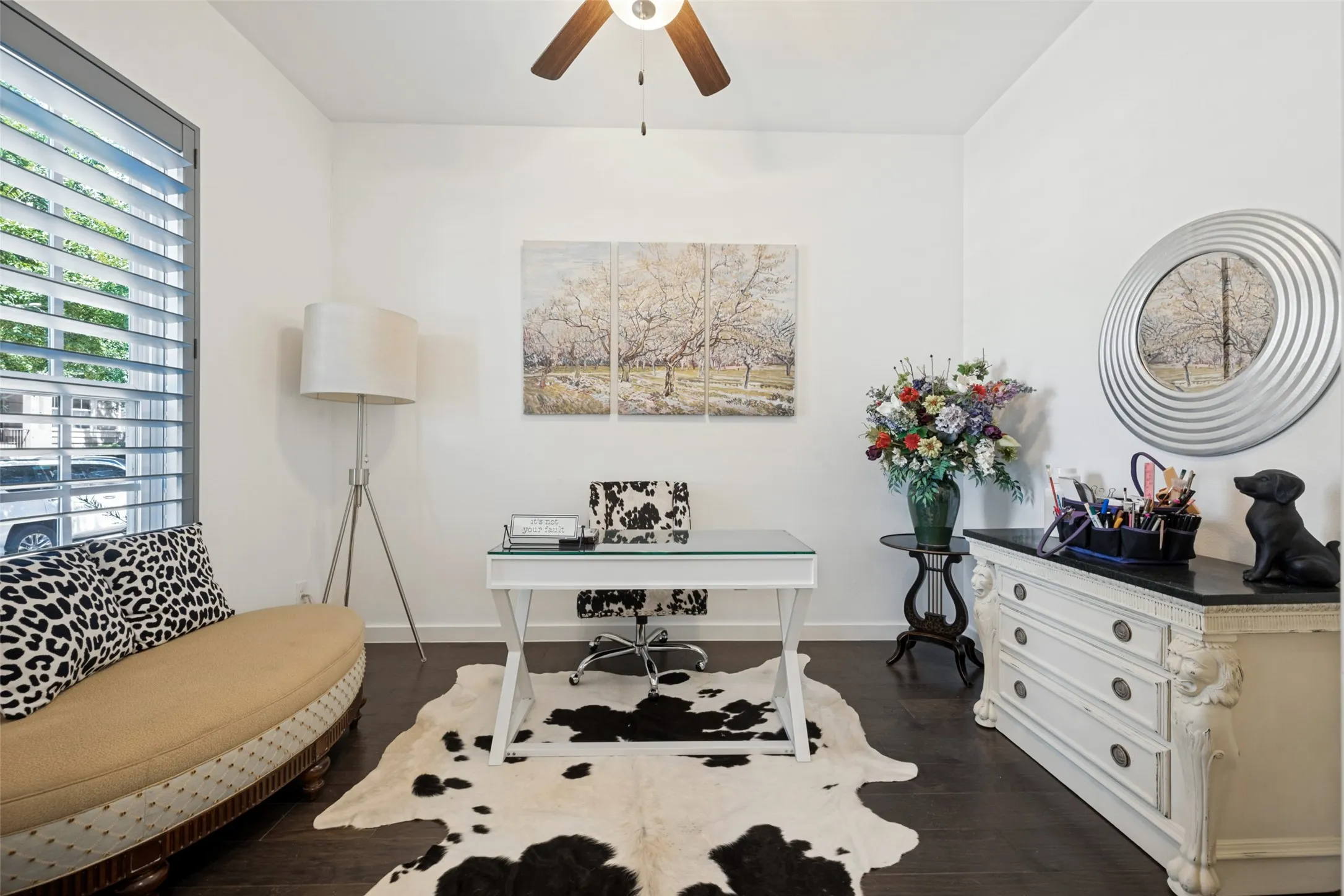 Dark wood-finish flooring, recessed lighting, and a ceiling fan with light fixture