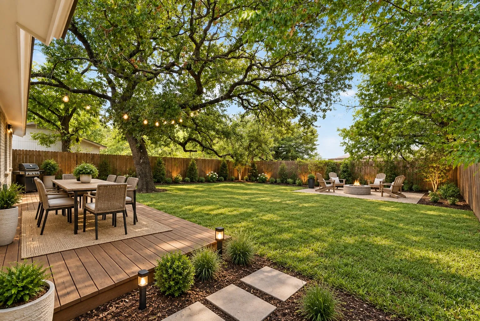 Expansive backyard featuring a wood-finish deck, manicured lawn, established trees, and a circular fire pit area