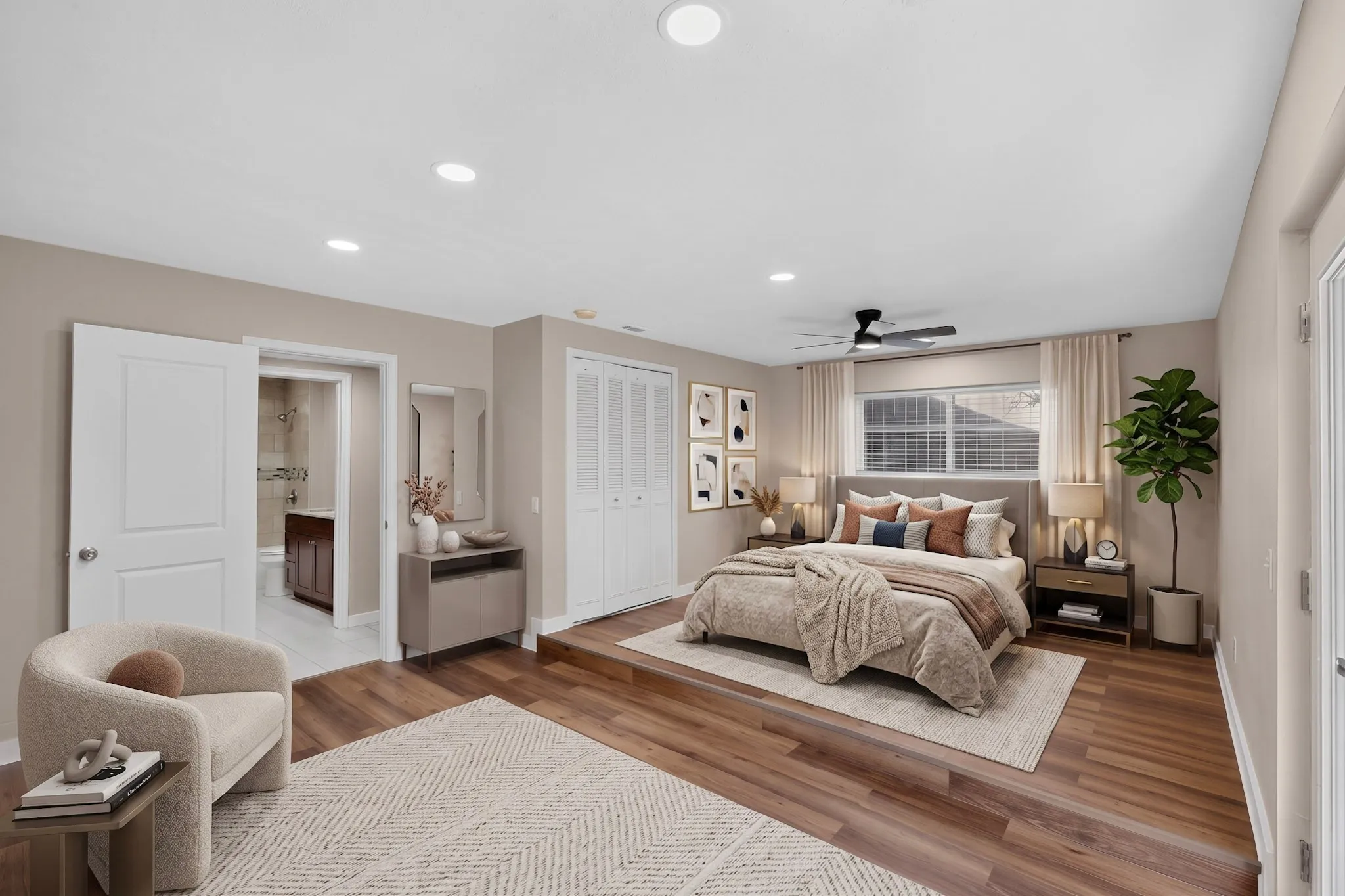 Wood-finish flooring, recessed lighting, and a ceiling fan