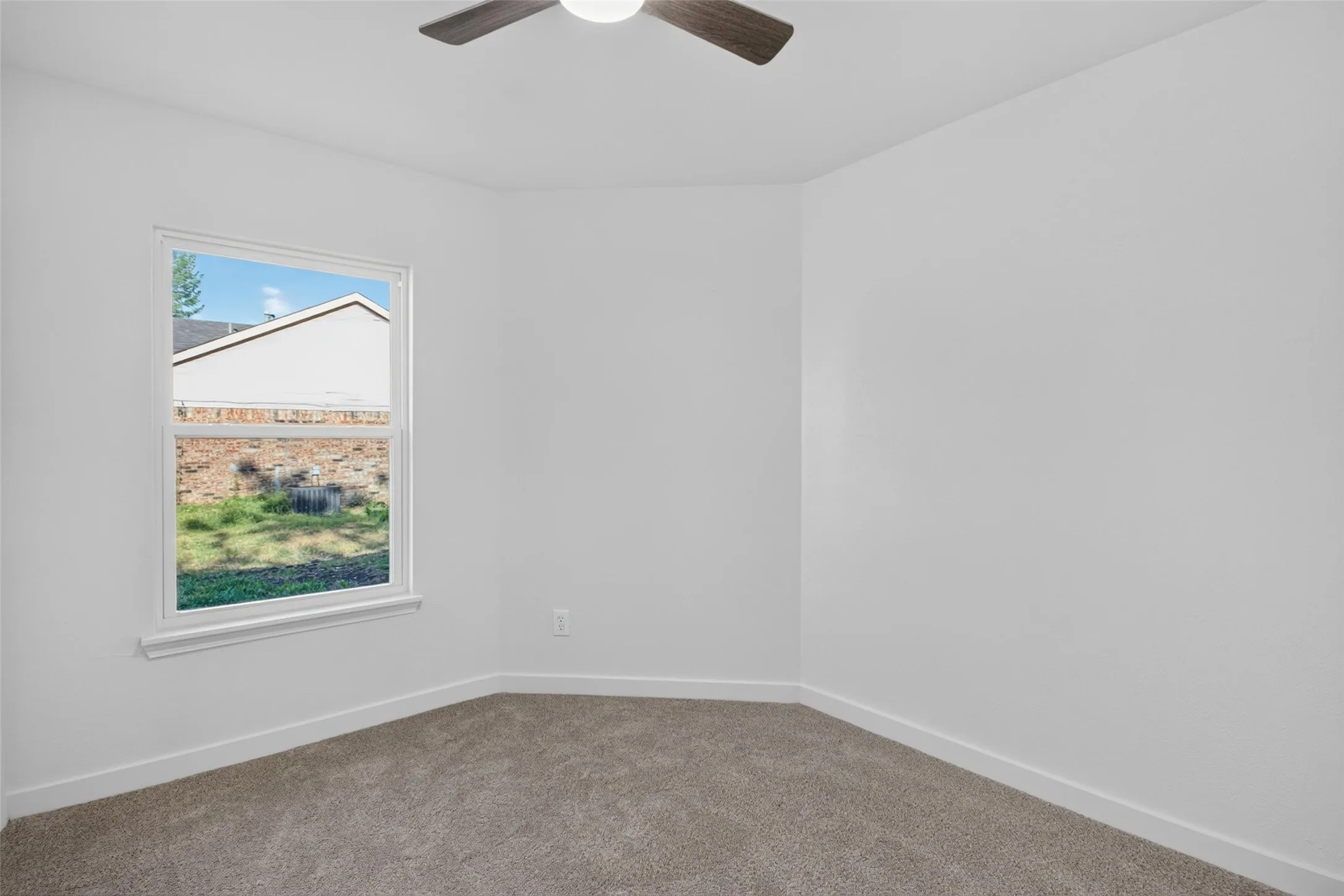 Neutral wall paint, plush carpeting, ceiling fan, natural light, and window with trim