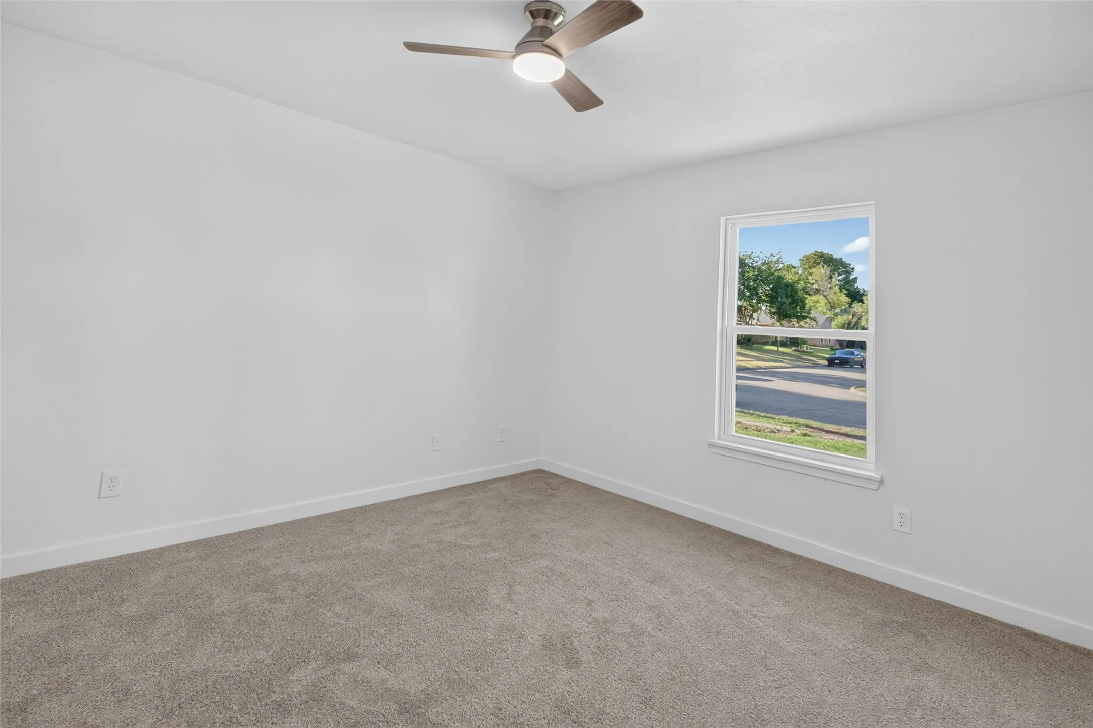 Neutral wall paint, carpeted flooring, a ceiling fan with integrated lighting, and a double-hung window