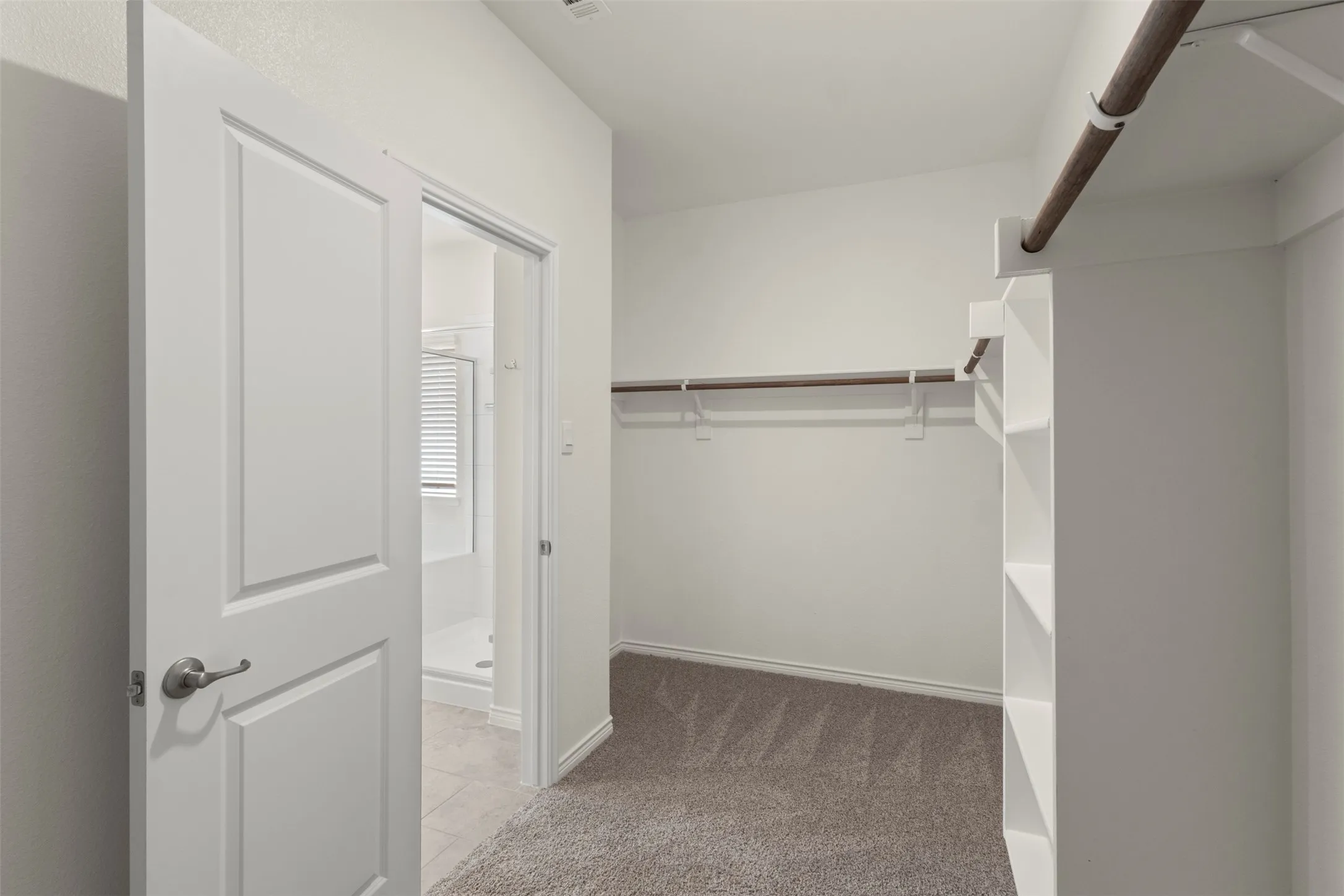 Walk-in closet with carpet flooring, built-in shelving, and hanging rods