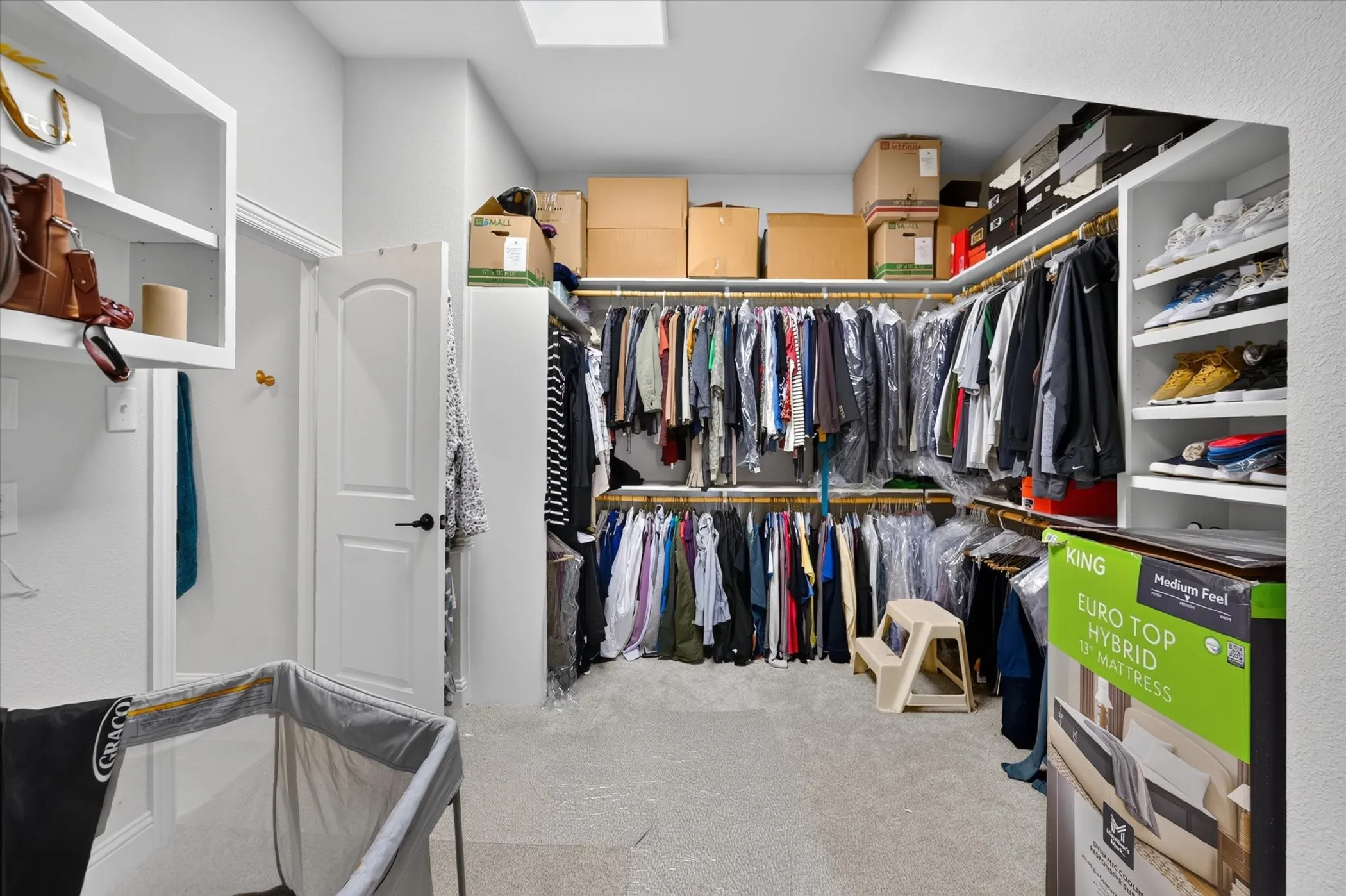 Built-in custom shelving, recessed lighting, and carpeted flooring