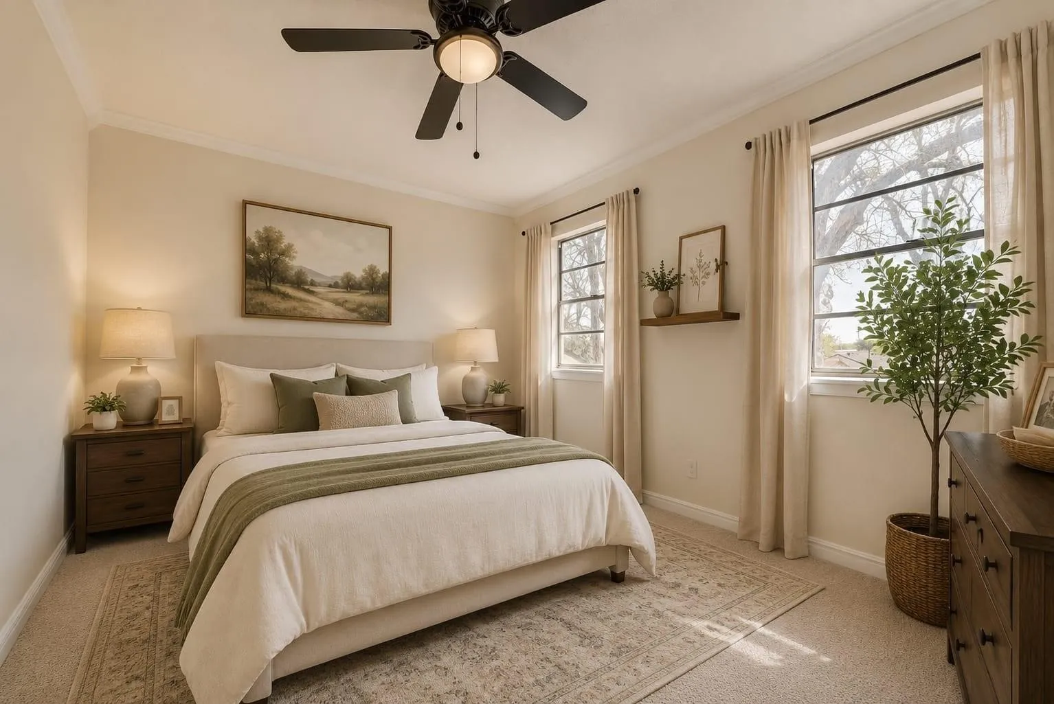 Recessed ceiling fan with light fixture, crown molding, two large windows with mullions, and a built-in floating shelf