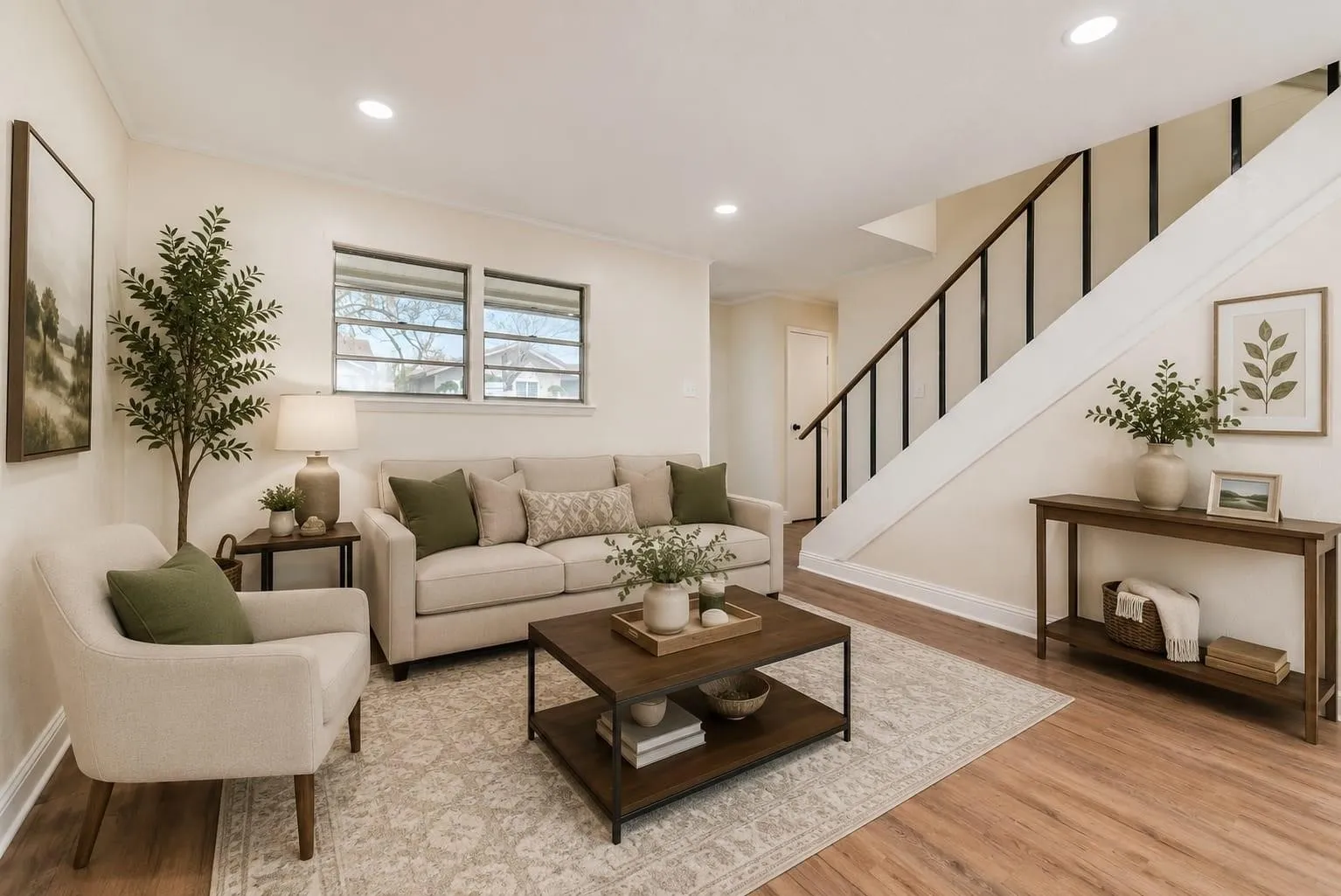 Recessed ceiling lighting, wood-finish flooring, white baseboards, and a staircase with dark balusters