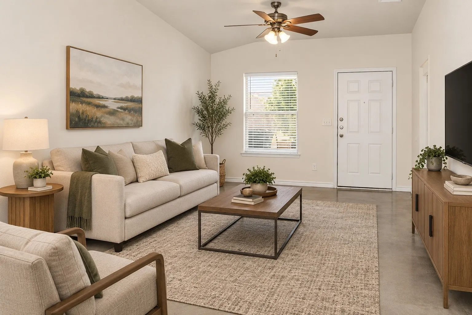 Vaulted ceilings, a ceiling fan with light fixture, window with blinds, and durable concrete flooring