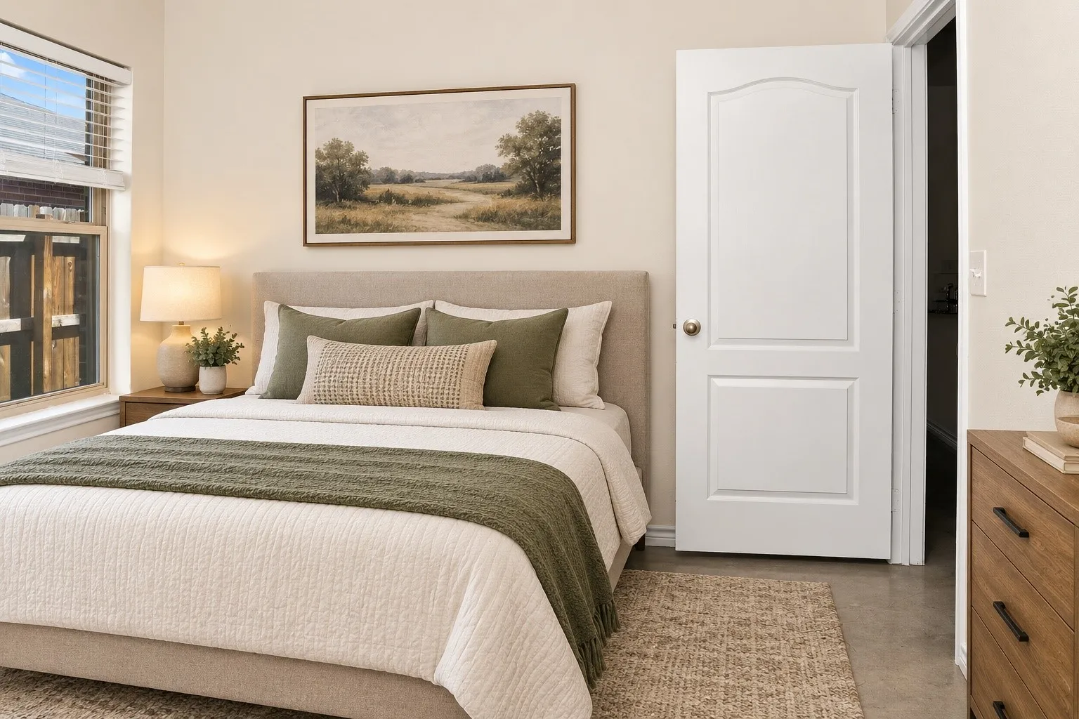 Cream-colored walls, window with blinds, wood-finish nightstand, white two-panel interior door, and concrete-finish flooring