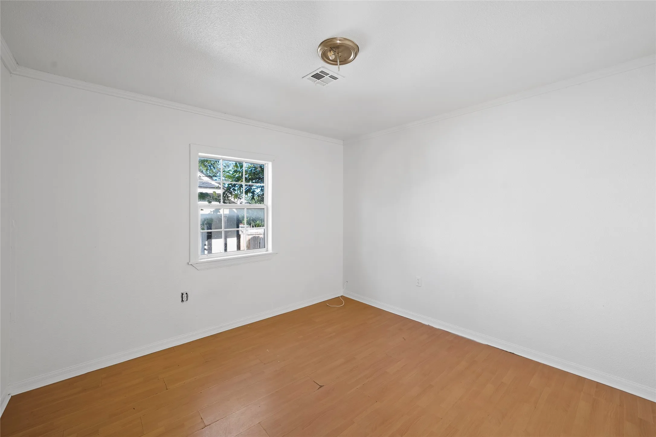 Spare room featuring light wood-style floors and ornamental molding