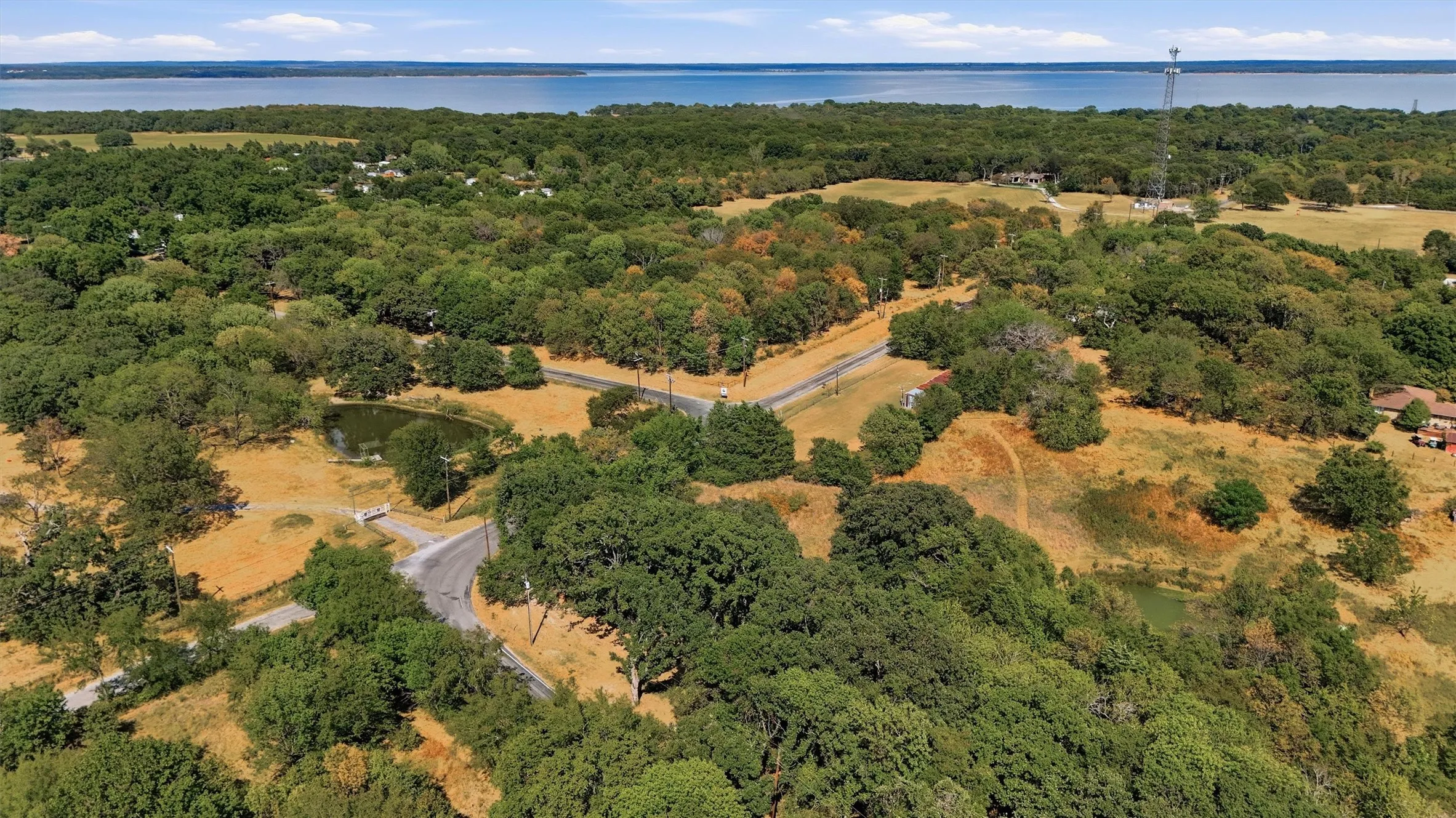 Expansive natural landscape with mature trees and a tranquil pond, bordered by a paved road