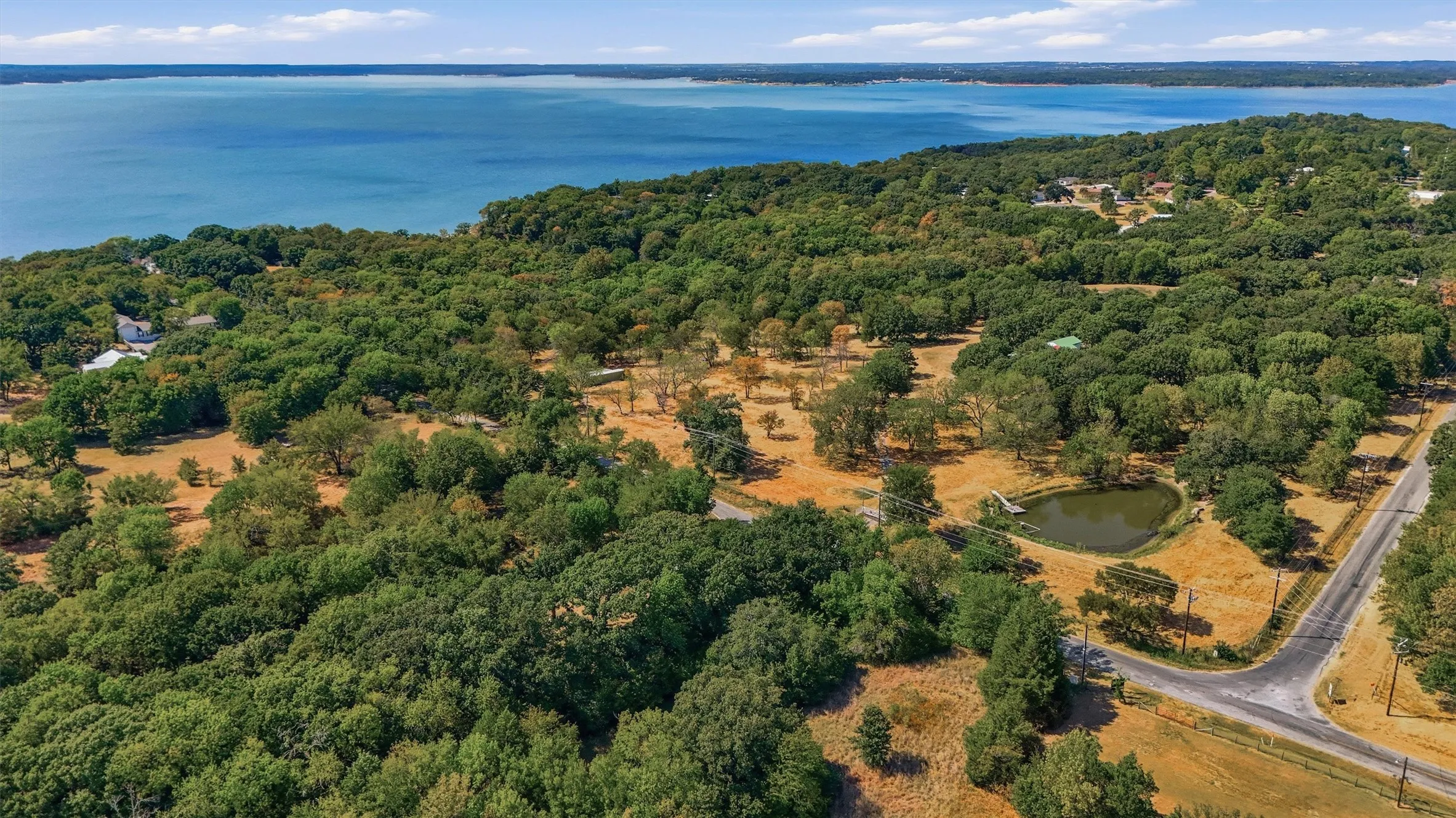 Expansive water body, verdant treeline, natural pond, paved road, and open land