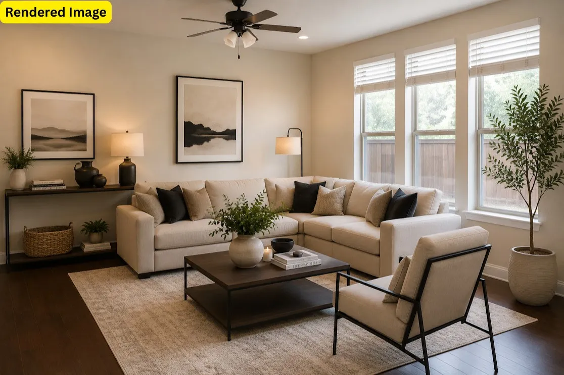 Dark wood-finish flooring, multiple large windows, and a ceiling fan with integrated lighting