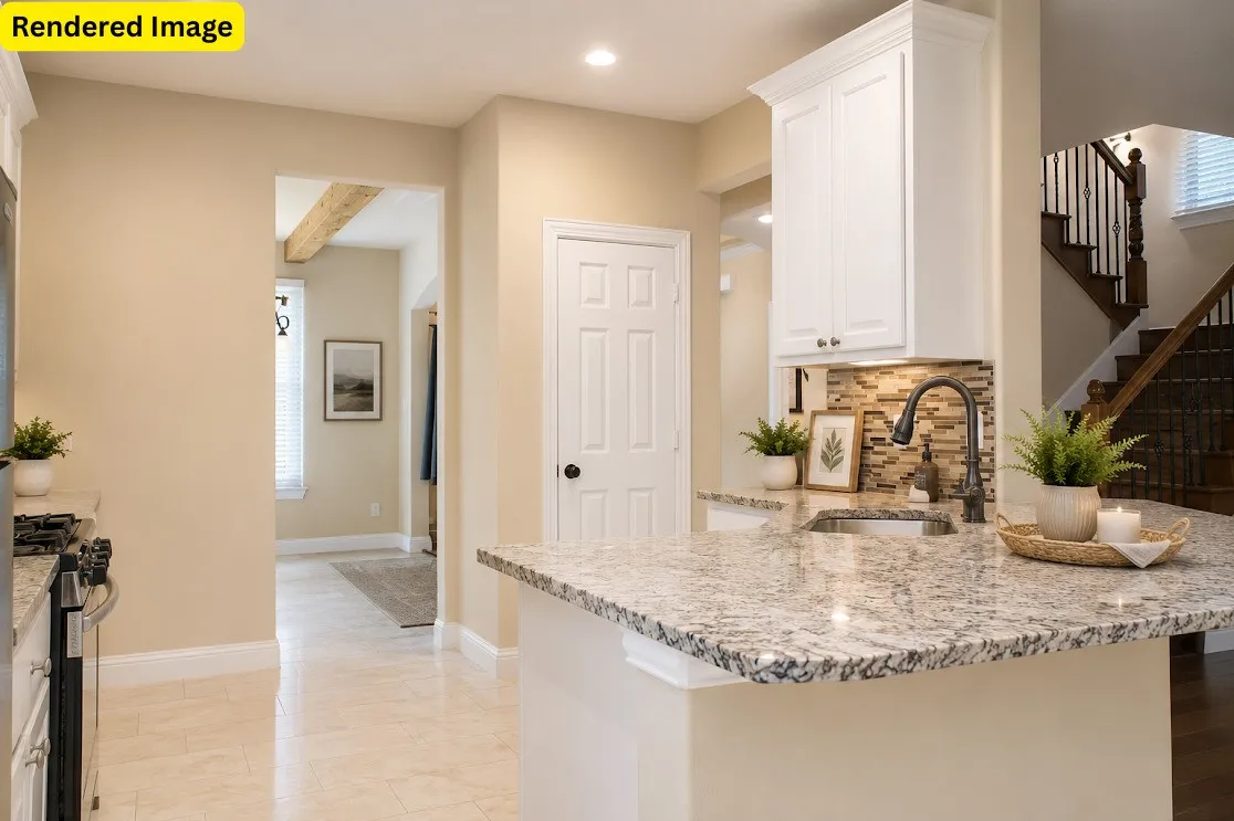 Kitchen island with light granite countertop, undermount sink, and matte black faucet