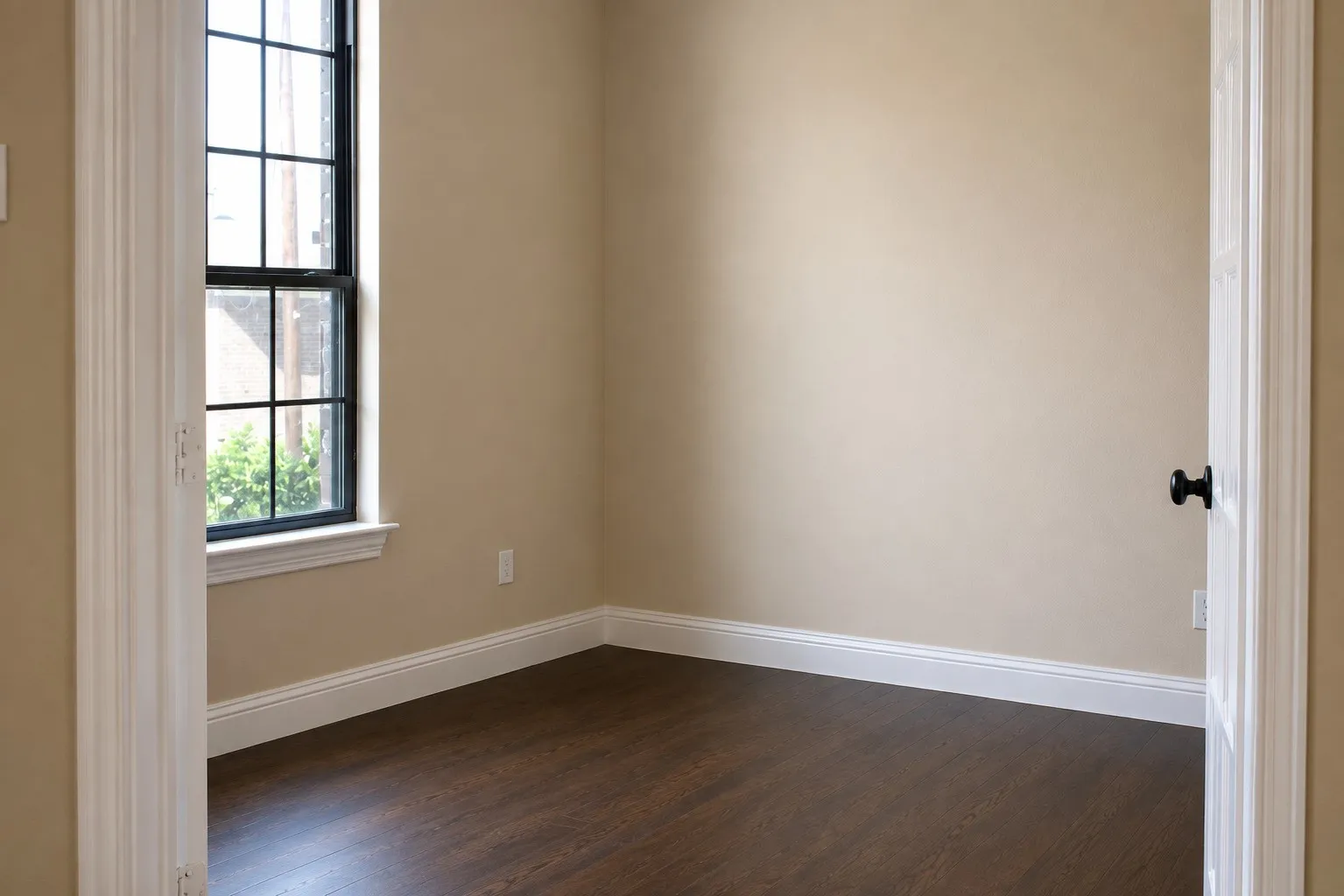 Dark wood-finish flooring with crisp white baseboards