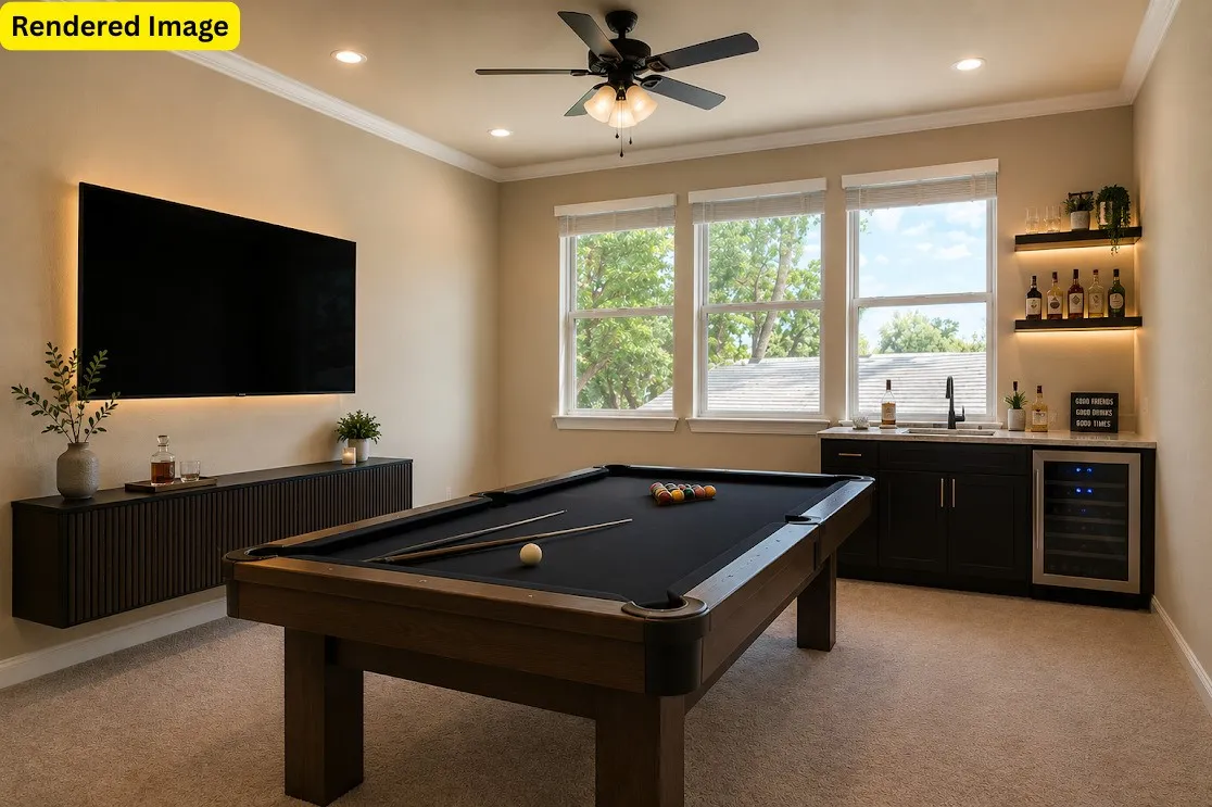 Recessed lighting, ceiling fan, triple windows, built-in wet bar with sink and beverage cooler, and floating shelves with integrated lighting