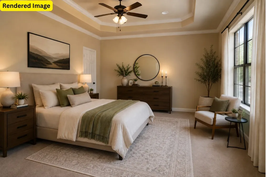 Tray ceiling with crown molding, ceiling fan, large window with grid pattern, carpeted flooring, and a built-in dresser
