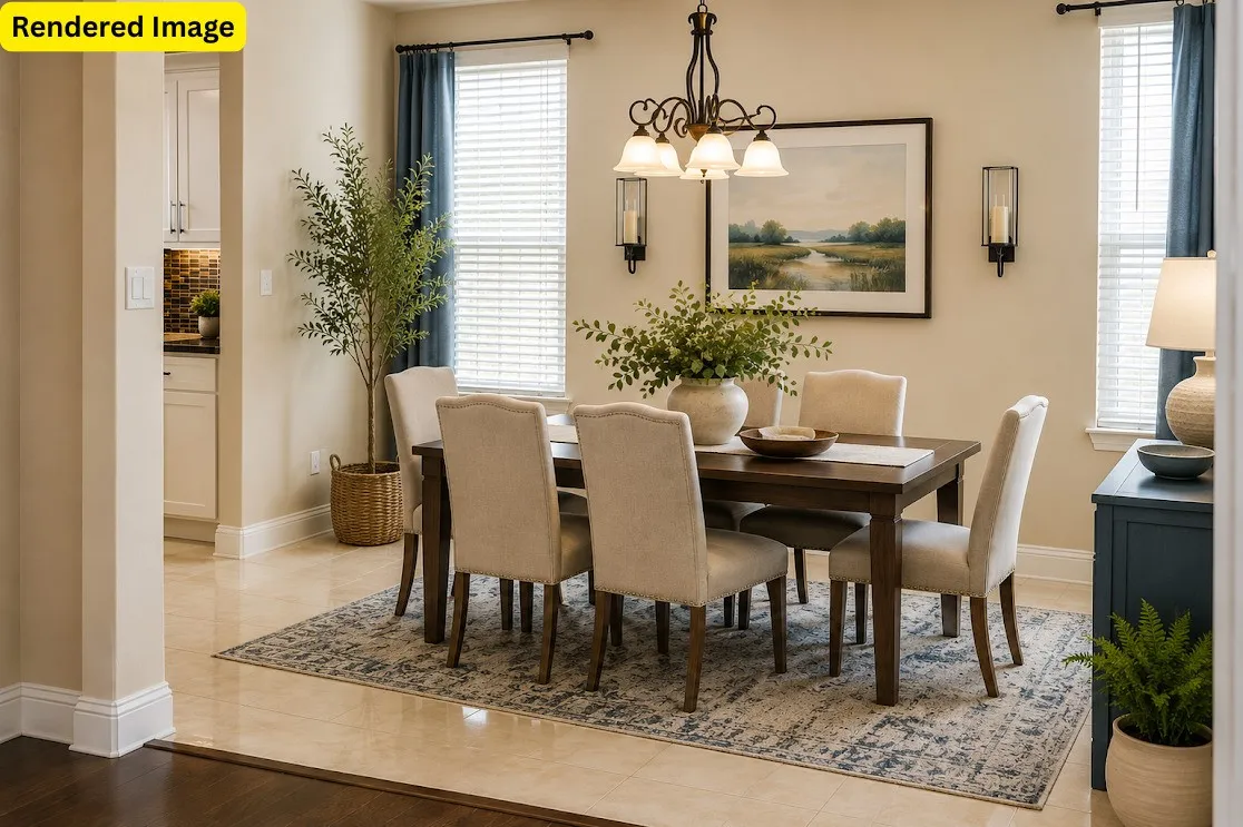 Recessed wall sconces, a five-light chandelier, and multiple windows illuminate the space