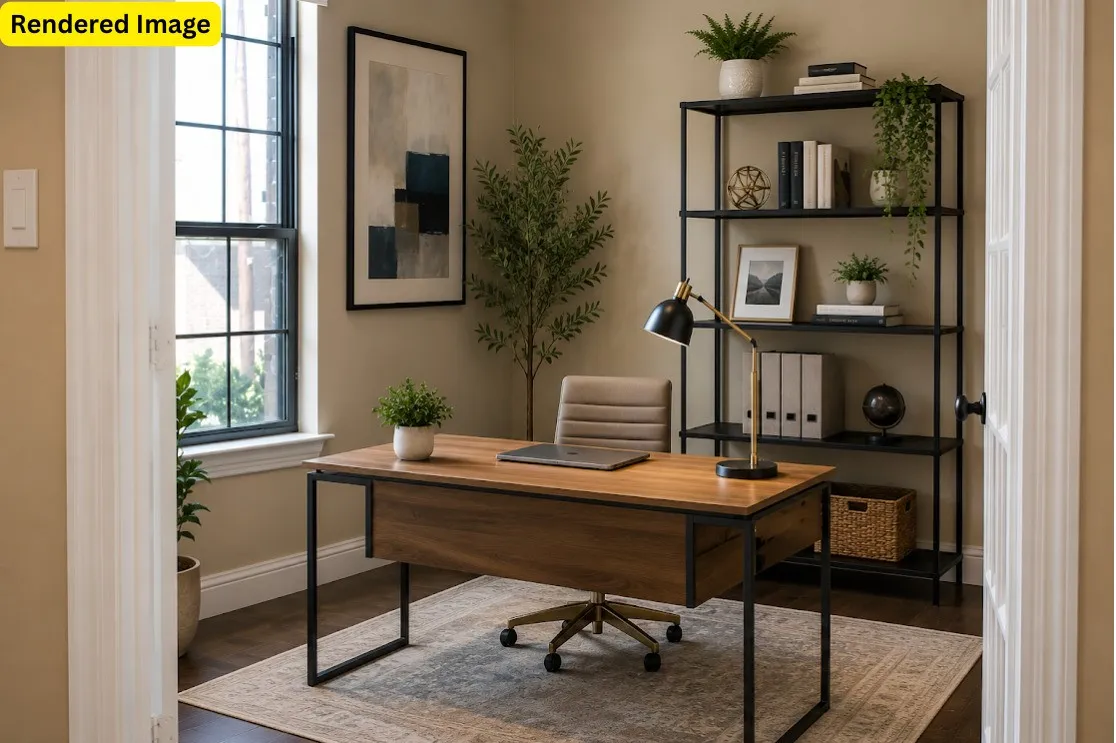 Hardwood-style flooring with base molding, a multi-pane window, and a built-in shelving unit