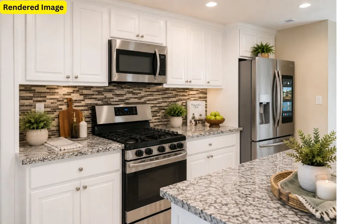 White shaker-style cabinetry, stainless steel appliances, mosaic tile backsplash, recessed lighting, and speckled countertops