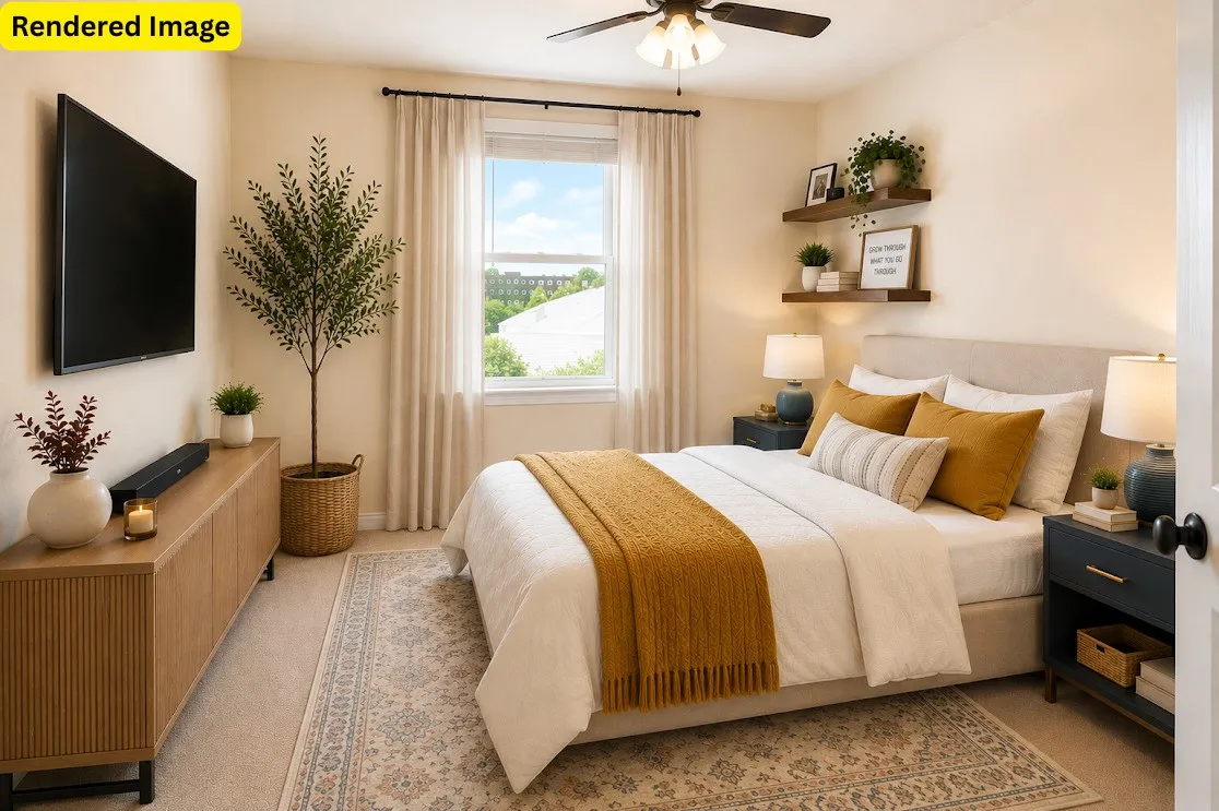 Recessed window with white trim, wood-finish console, ceiling fan with integrated lighting, two wall-mounted shelves, and carpeted flooring