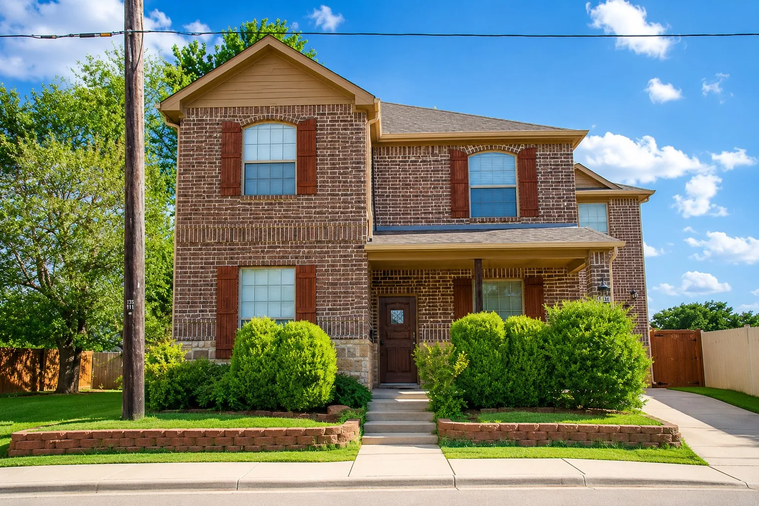 Brick exterior with stone accents, covered front porch, arched windows, and decorative shutters