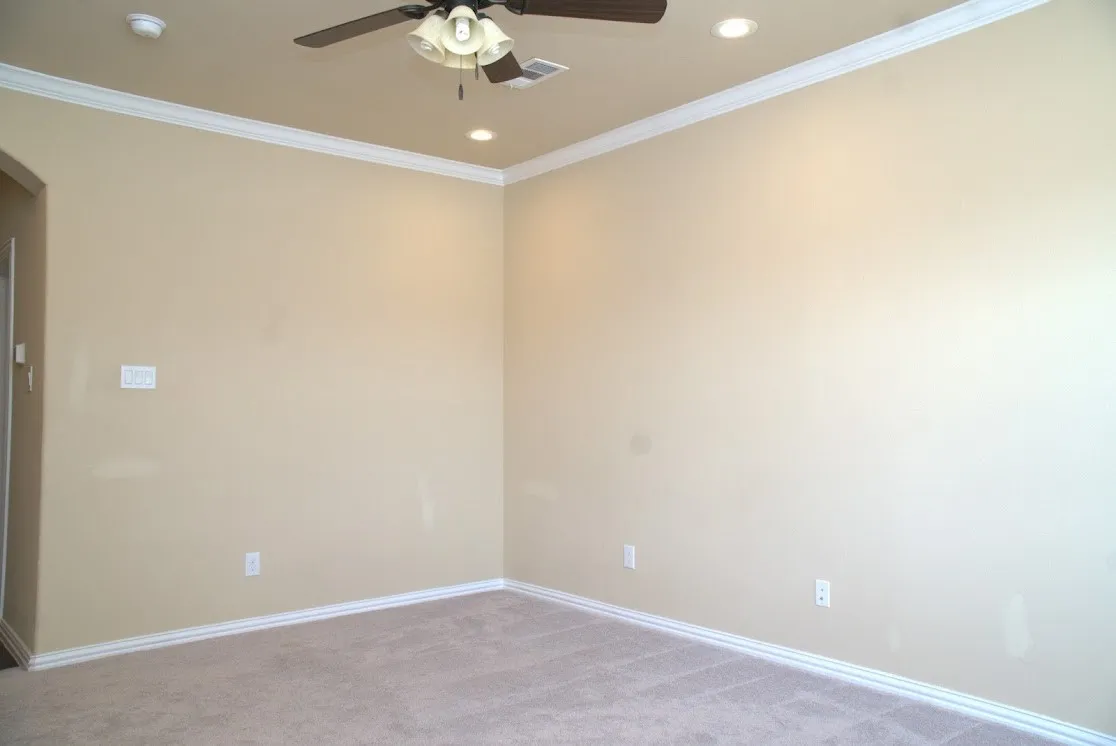 Recessed lighting, ceiling fan, crown molding, light-colored walls, and carpet flooring