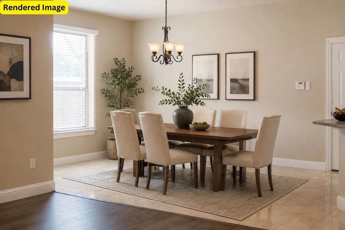 Dining space featuring a decorative chandelier, tile flooring, and a large window