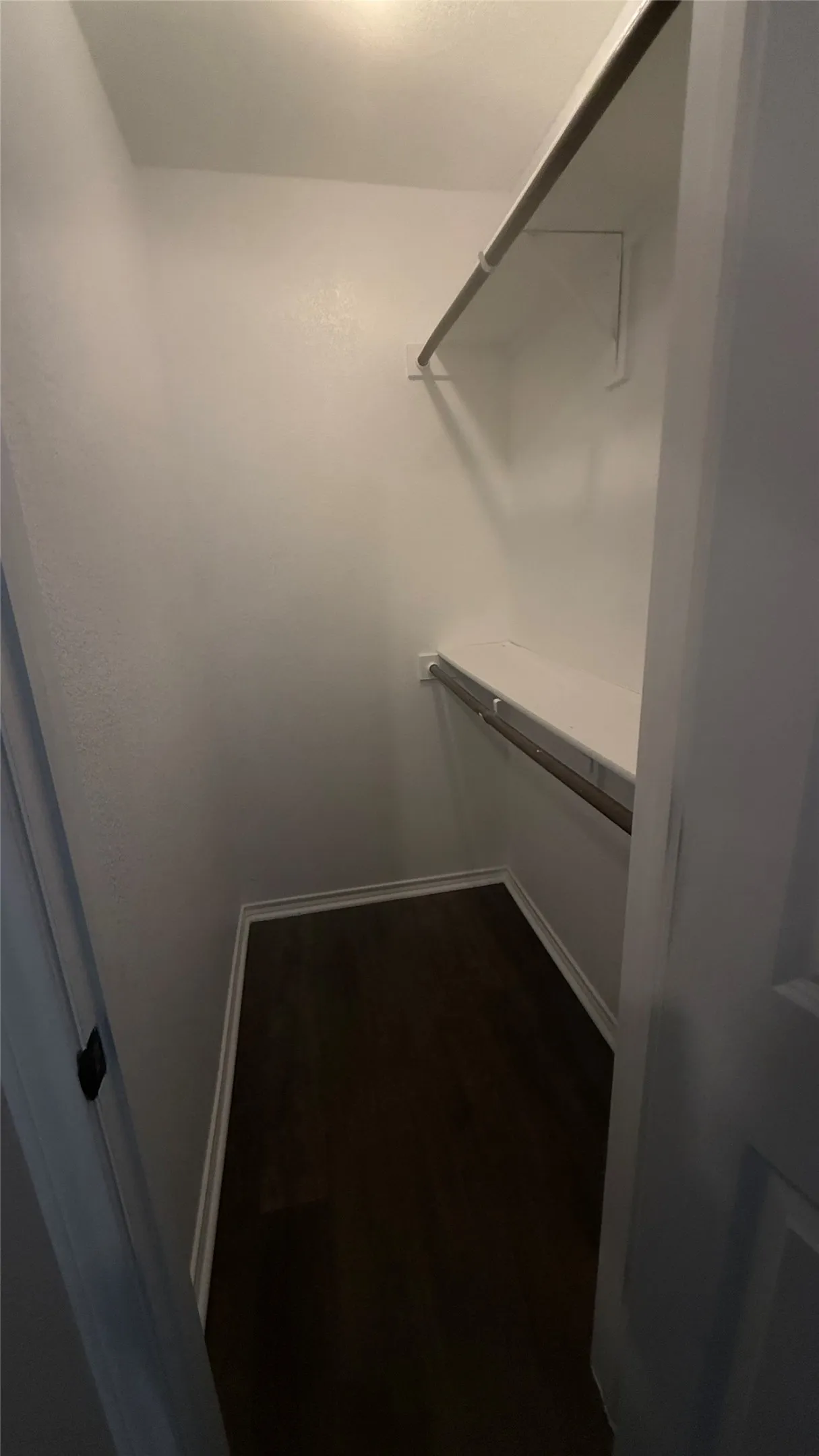 Built-in shelving with hanging rods and dark wood-finish flooring
