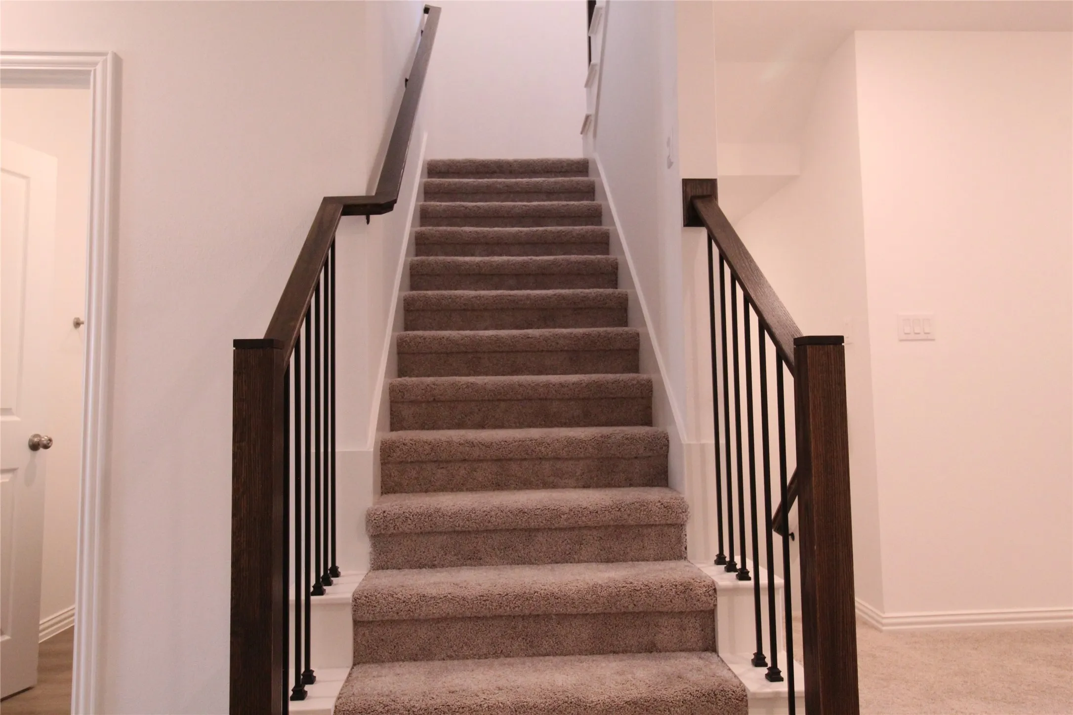 Carpeted staircase featuring dark wood-finish handrails and black metal balusters